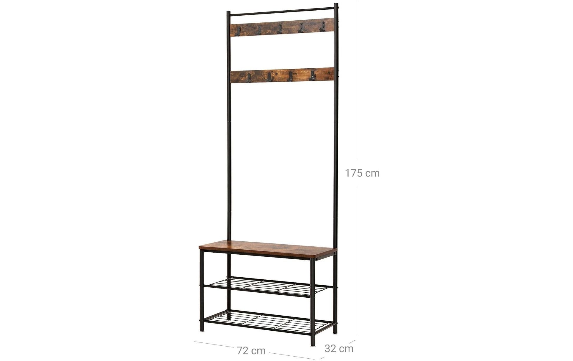 Vasagle Garderobe mit Schuhregal – 10 Haken, Spanplatte, Braun/Schwarz, 70 × 32 × 175 cm