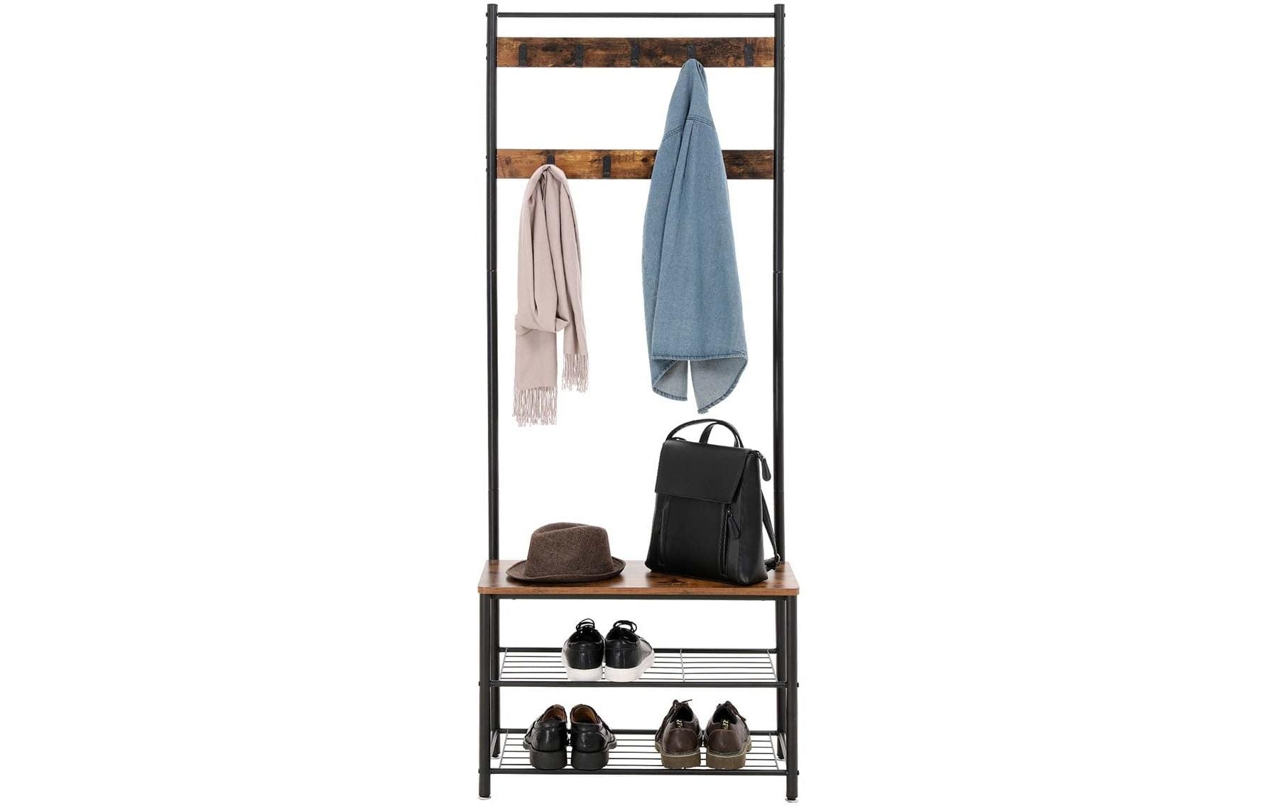 Vasagle Garderobe mit Schuhregal – 10 Haken, Spanplatte, Braun/Schwarz, 70 × 32 × 175 cm