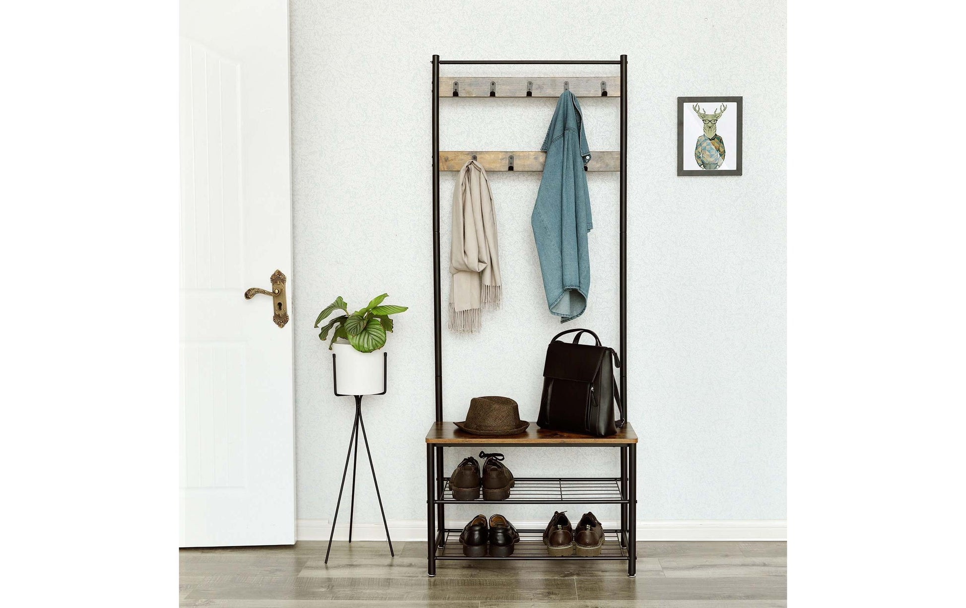 Vasagle Garderobe mit Schuhregal – 10 Haken, Spanplatte, Braun/Schwarz, 70 × 32 × 175 cm