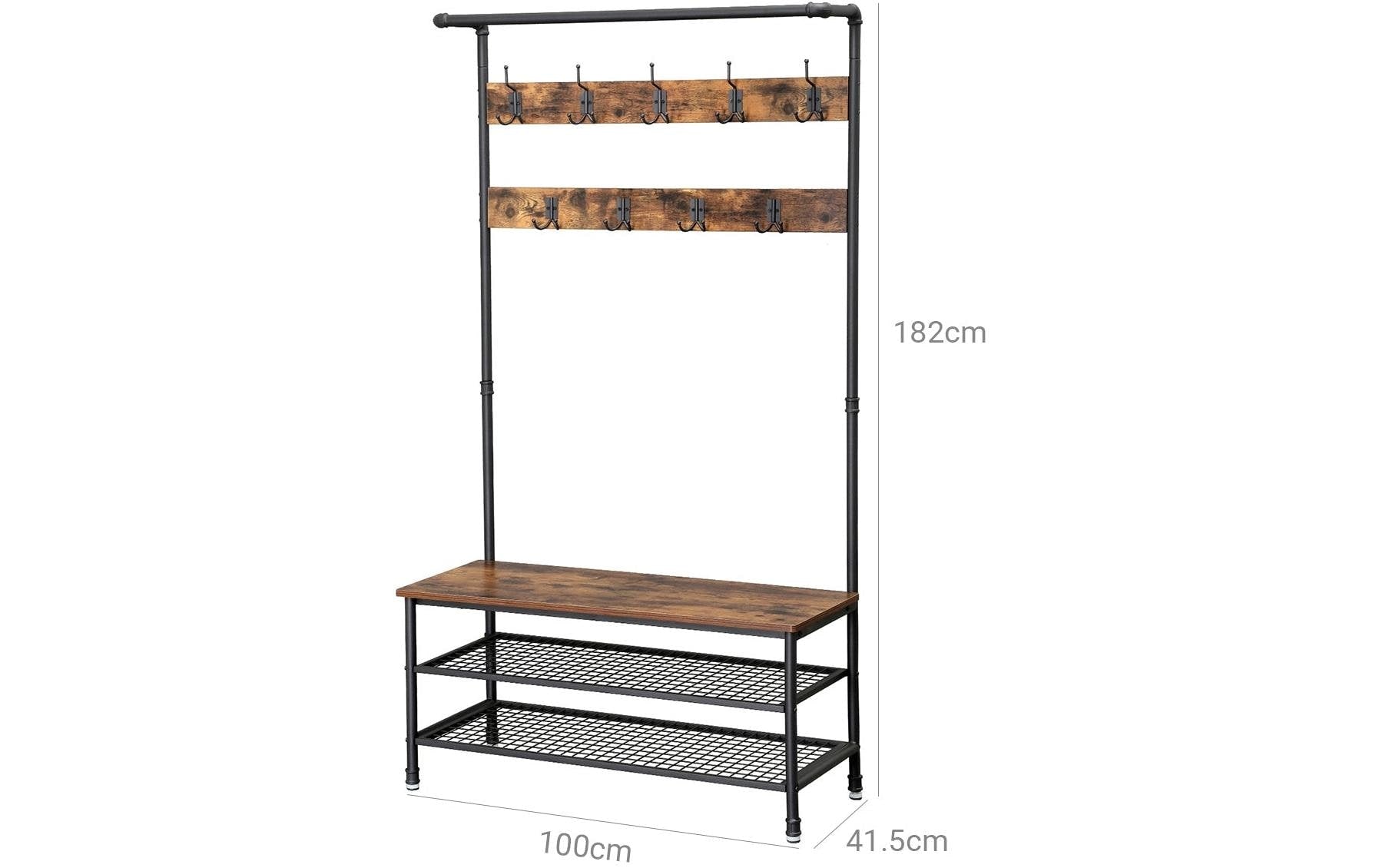Vasagle Garderobe mit Schuhregal – 9 Haken, Stahl/Spanplatte, Schwarz/Braun, 100 × 41,5 × 182 cm