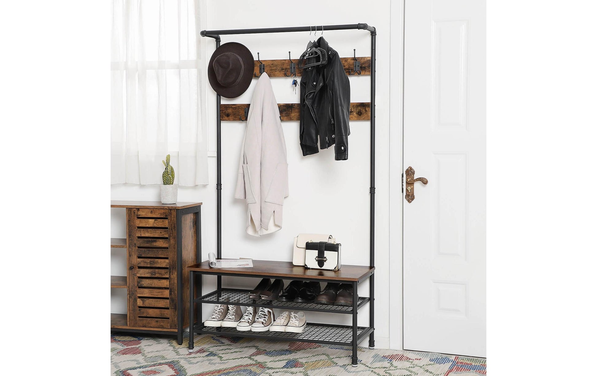 Vasagle Garderobe mit Schuhregal – 9 Haken, Stahl/Spanplatte, Schwarz/Braun, 100 × 41,5 × 182 cm