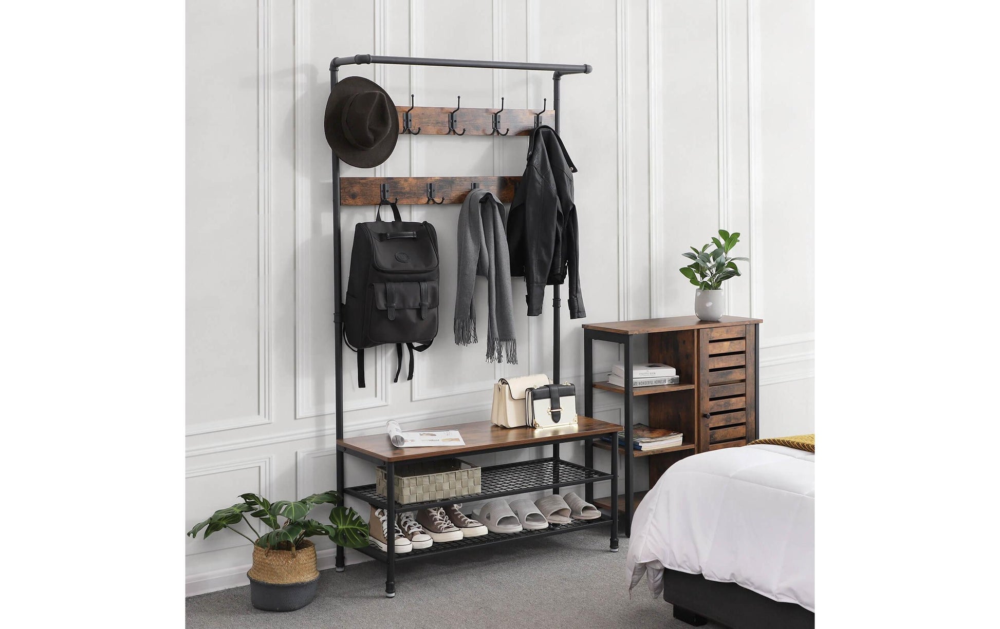 Vasagle Garderobe mit Schuhregal – 9 Haken, Stahl/Spanplatte, Schwarz/Braun, 100 × 41,5 × 182 cm