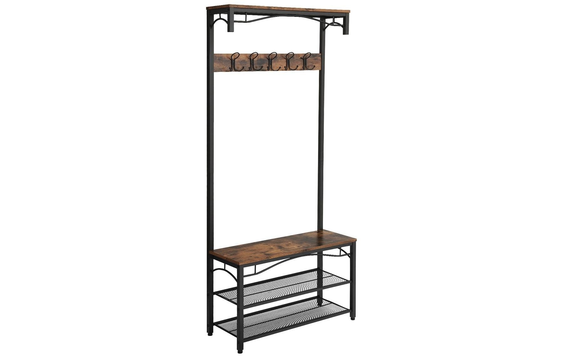 Vasagle Garderobe mit Schuhregal – 10 Haken, Metall/Holz, Schwarz/Braun, 80 × 30 × 178,5 cm