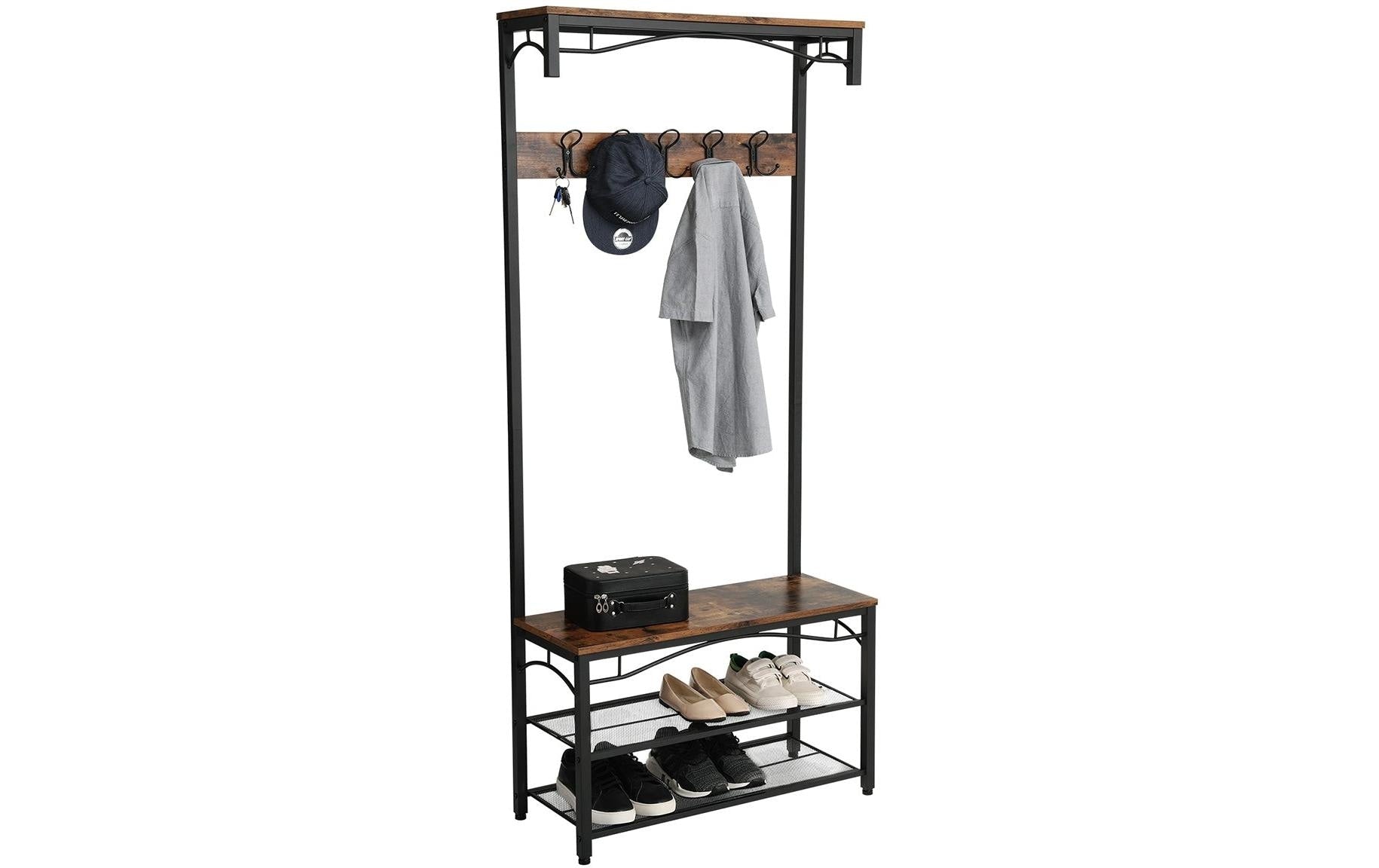 Vasagle Garderobe mit Schuhregal – 10 Haken, Metall/Holz, Schwarz/Braun, 80 × 30 × 178,5 cm