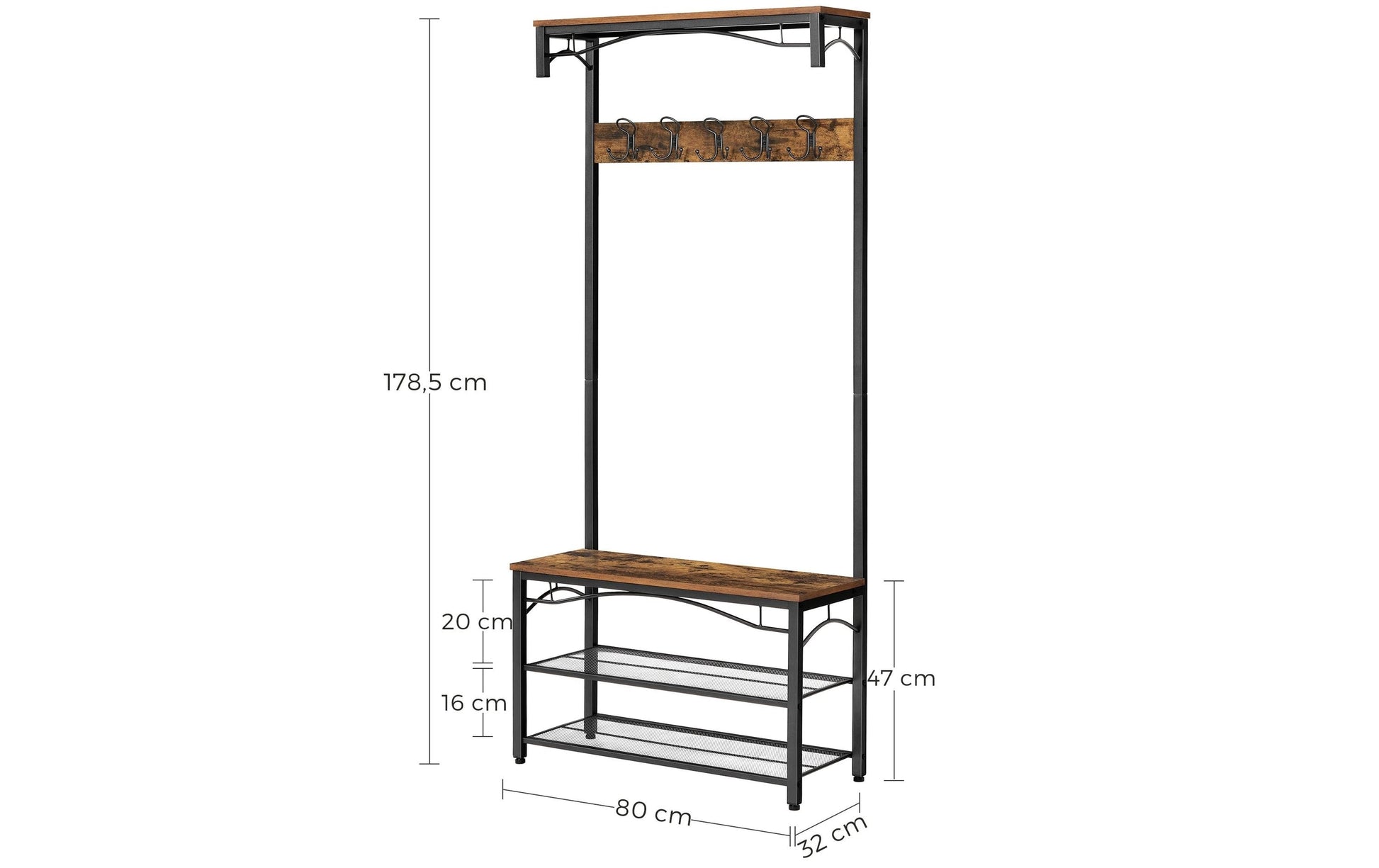 Vasagle Garderobe mit Schuhregal – 10 Haken, Metall/Holz, Schwarz/Braun, 80 × 30 × 178,5 cm