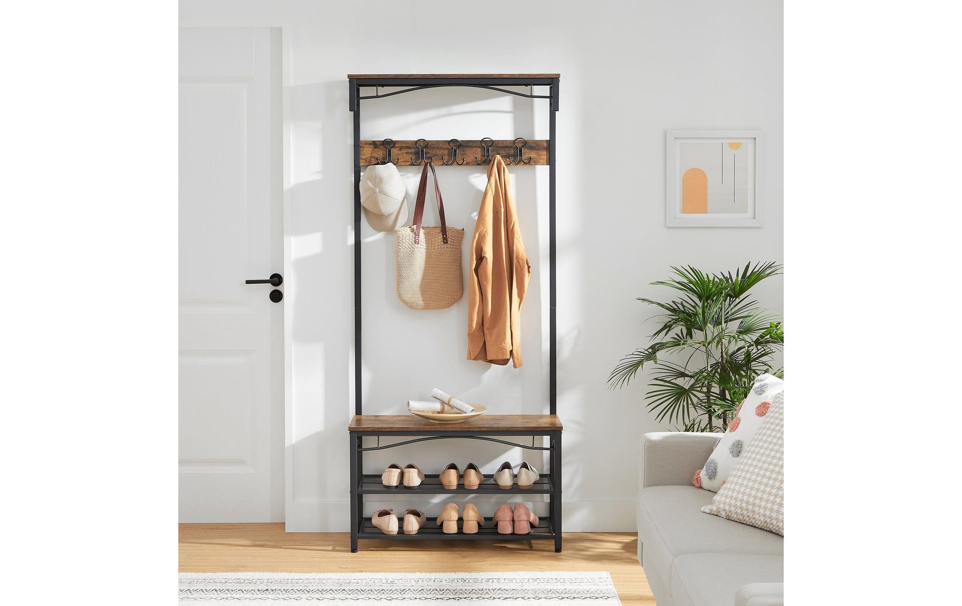 Vasagle Garderobe mit Schuhregal – 10 Haken, Metall/Holz, Schwarz/Braun, 80 × 30 × 178,5 cm