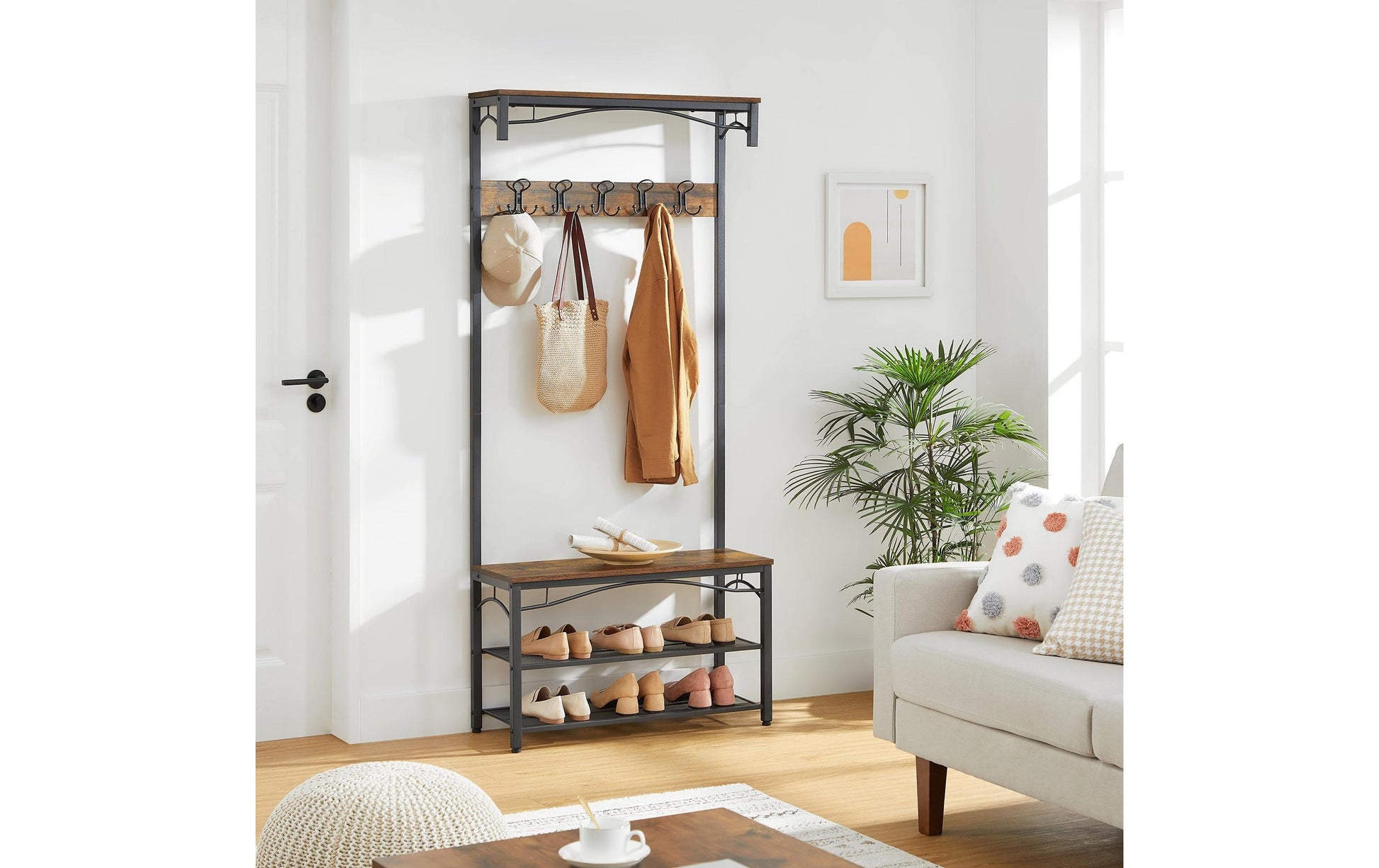 Vasagle Garderobe mit Schuhregal – 10 Haken, Metall/Holz, Schwarz/Braun, 80 × 30 × 178,5 cm