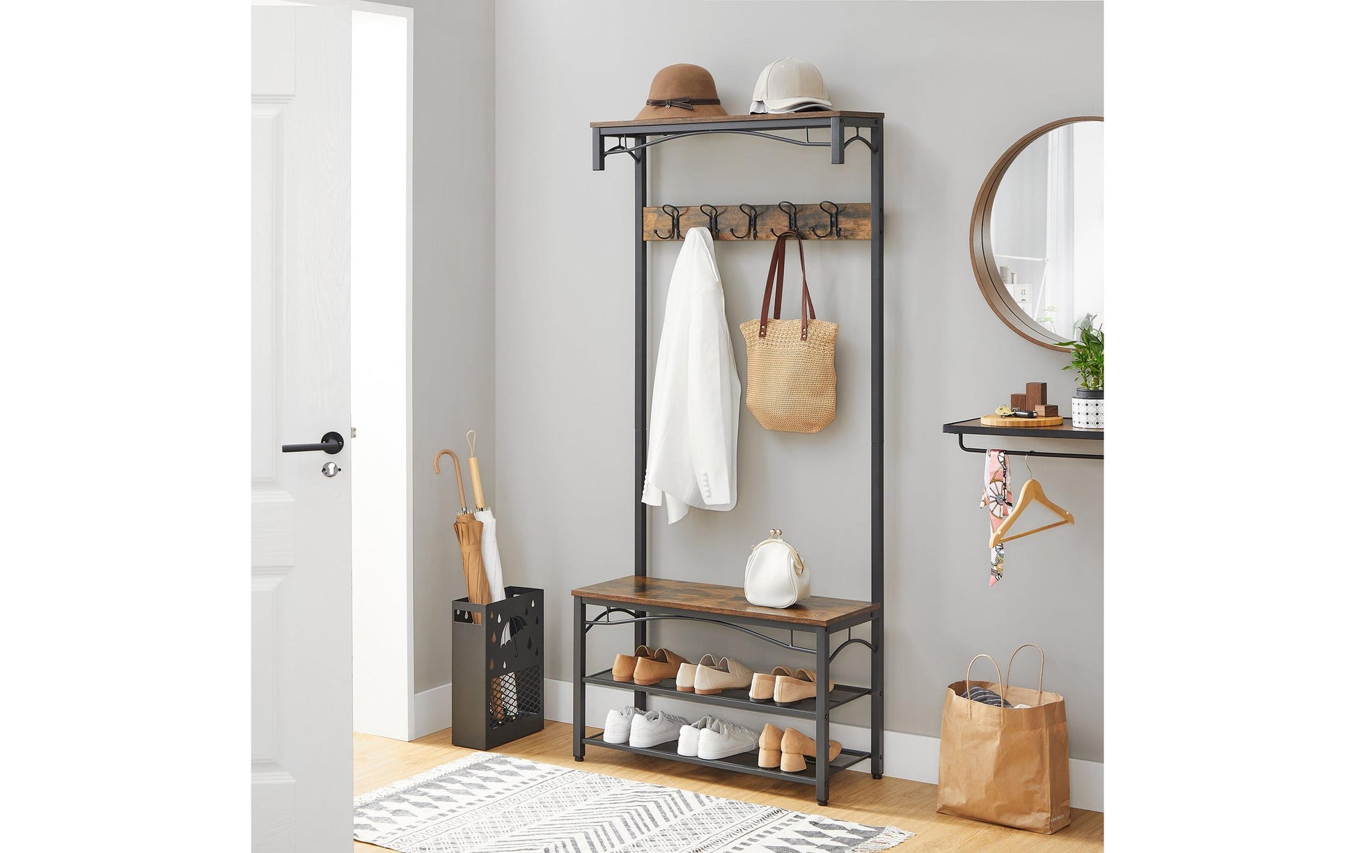 Vasagle Garderobe mit Schuhregal – 10 Haken, Metall/Holz, Schwarz/Braun, 80 × 30 × 178,5 cm