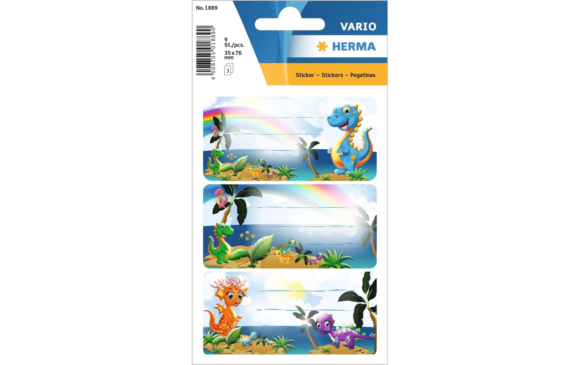 HERMA Vario Schuletiketten – Motiv Dinos – 35 × 76 mm, Abgerundete Ecken, 9 Stück, 3 Bögen, Papier