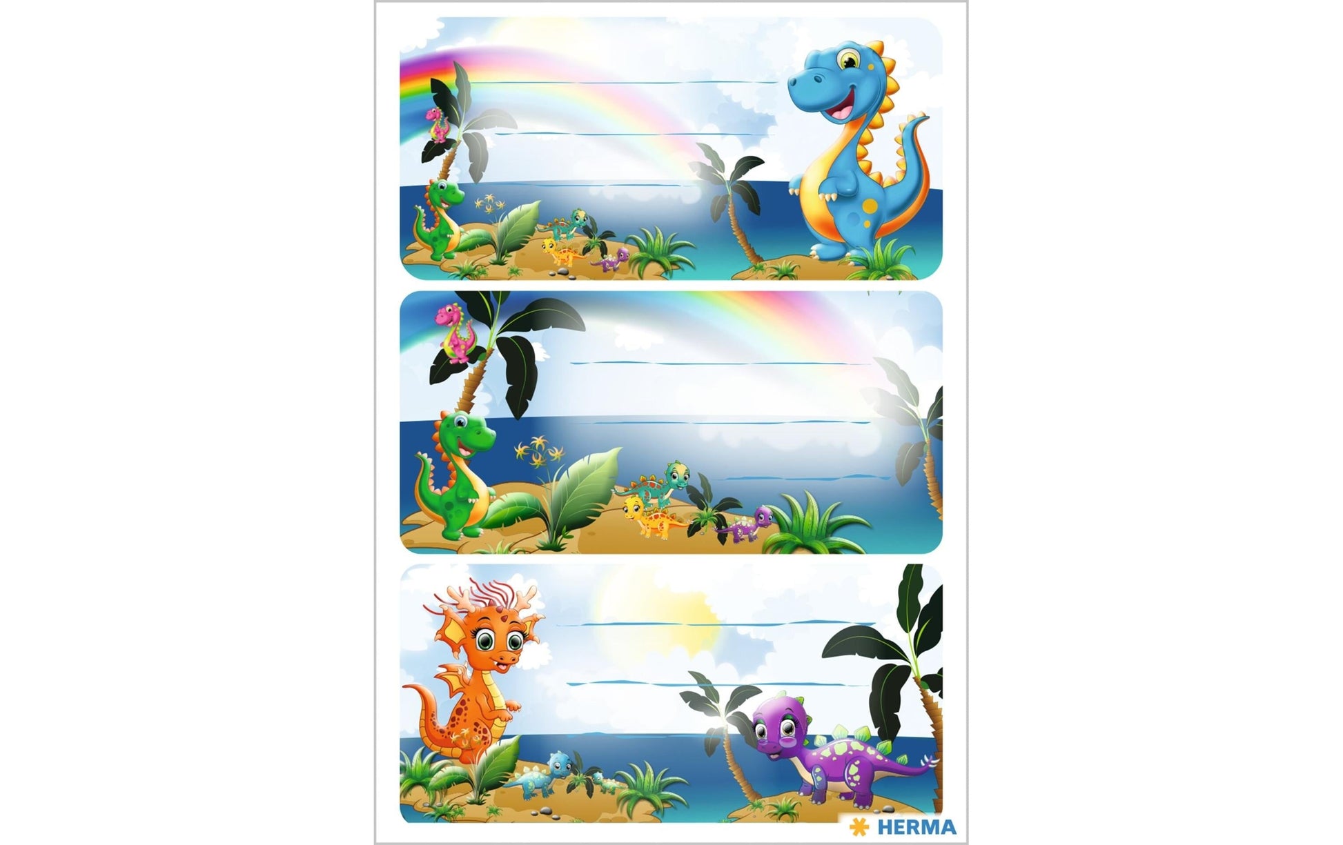 HERMA Vario Schuletiketten – Motiv Dinos – 35 × 76 mm, Abgerundete Ecken, 9 Stück, 3 Bögen, Papier