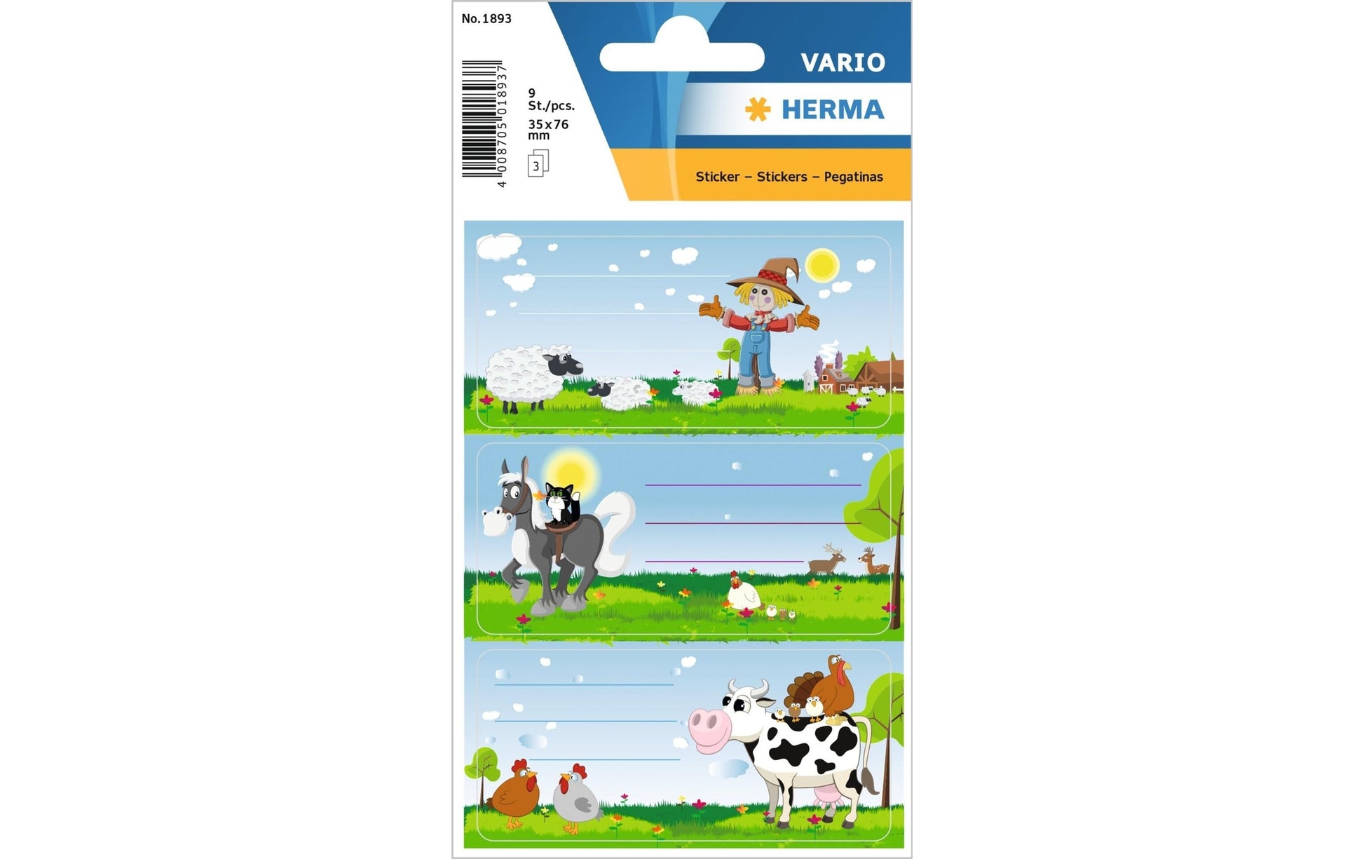 HERMA Vario Schuletiketten – Motiv Kleine Farm – 35 × 76 mm, Abgerundete Ecken, 9 Stück, 3 Bögen, Papier