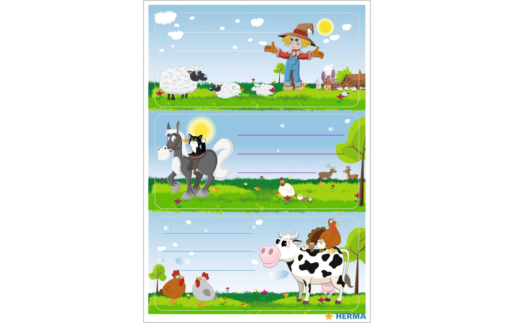 HERMA Vario Schuletiketten – Motiv Kleine Farm – 35 × 76 mm, Abgerundete Ecken, 9 Stück, 3 Bögen, Papier