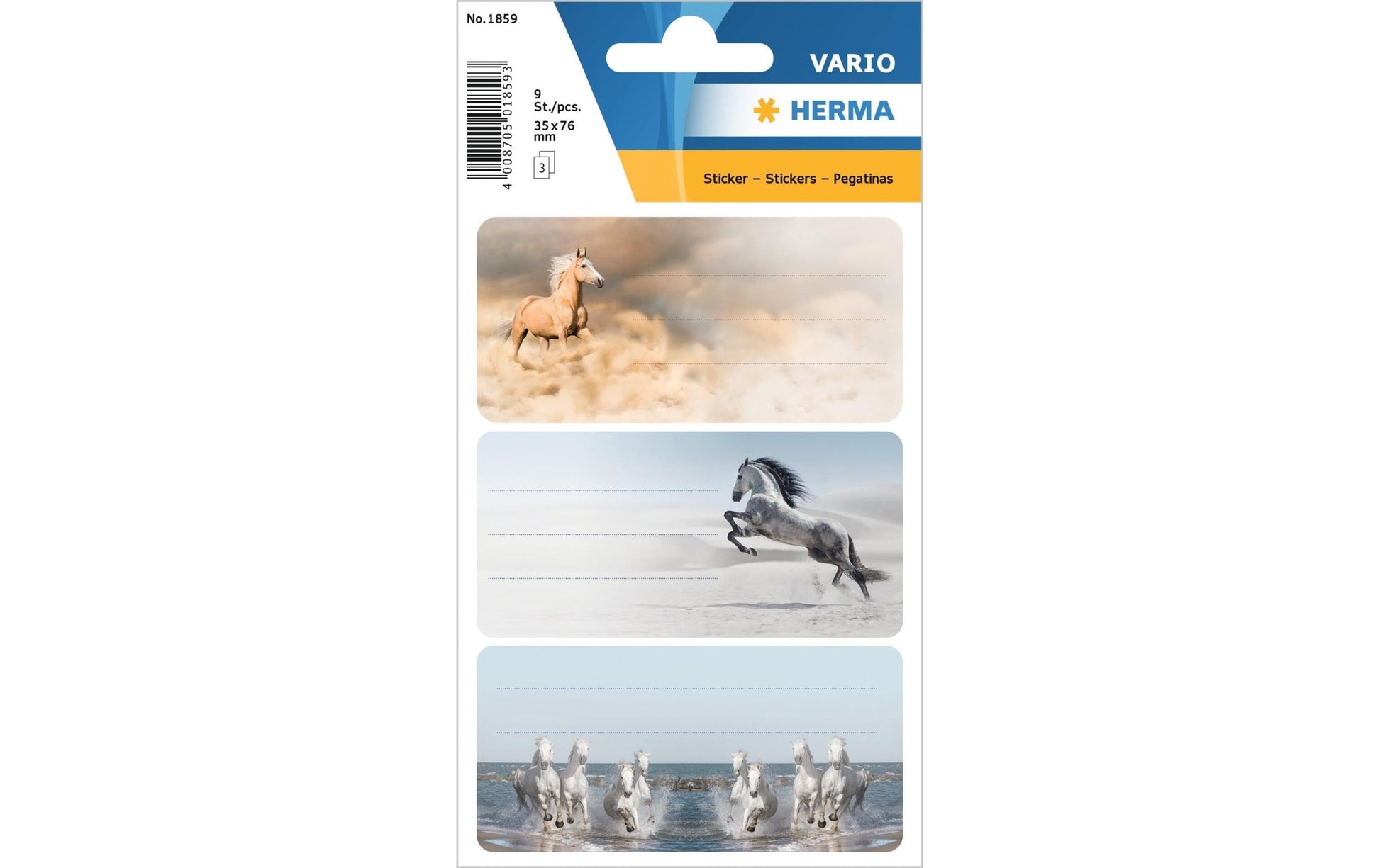 HERMA Vario Schuletiketten – Motiv Pferde – 35 × 76 mm, Abgerundete Ecken, 9 Stück, 3 Bögen