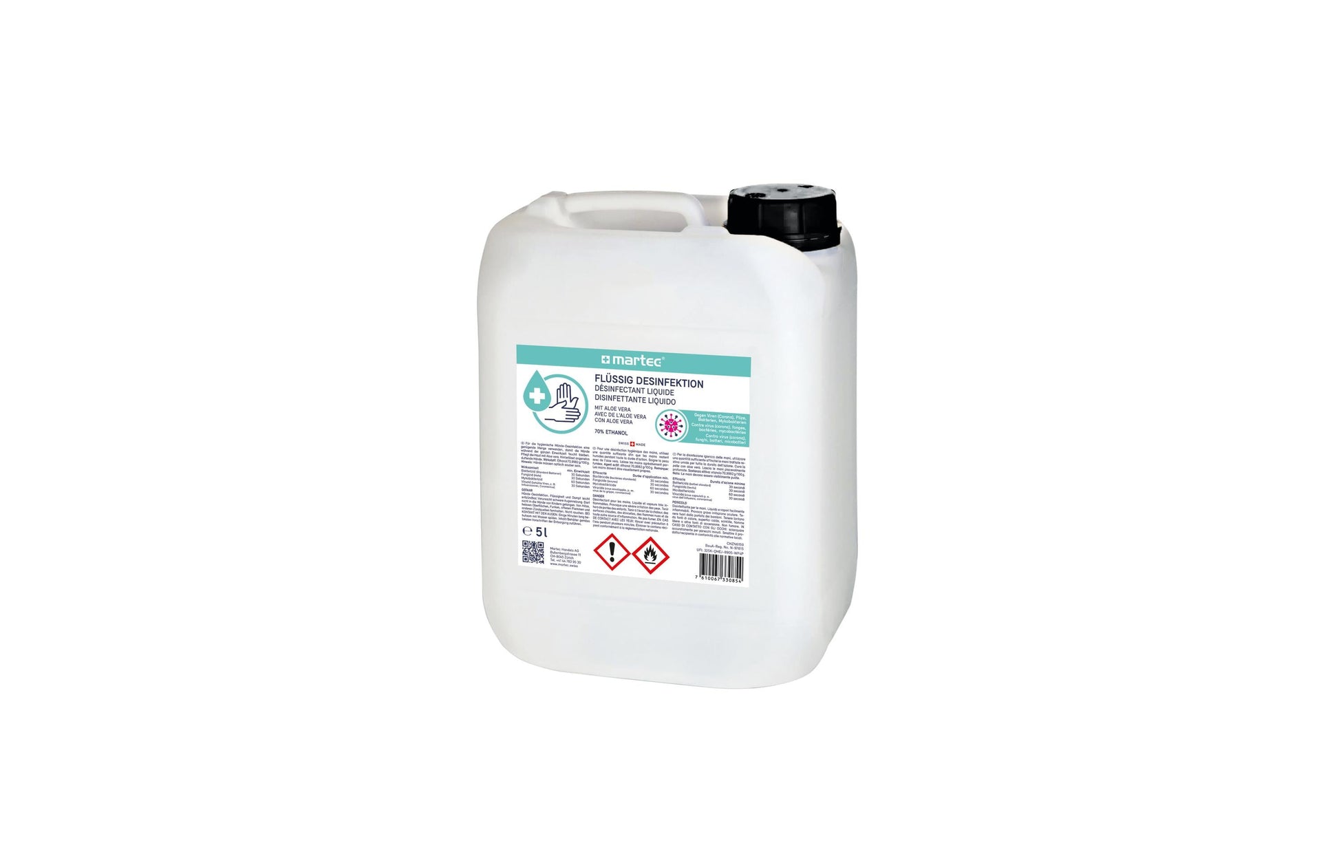 MARTEC Desinfektionsmittel – Kunststoff, weiss, 180 × 245 × 140 mm (B×H×T), hautverträglich, 5 l