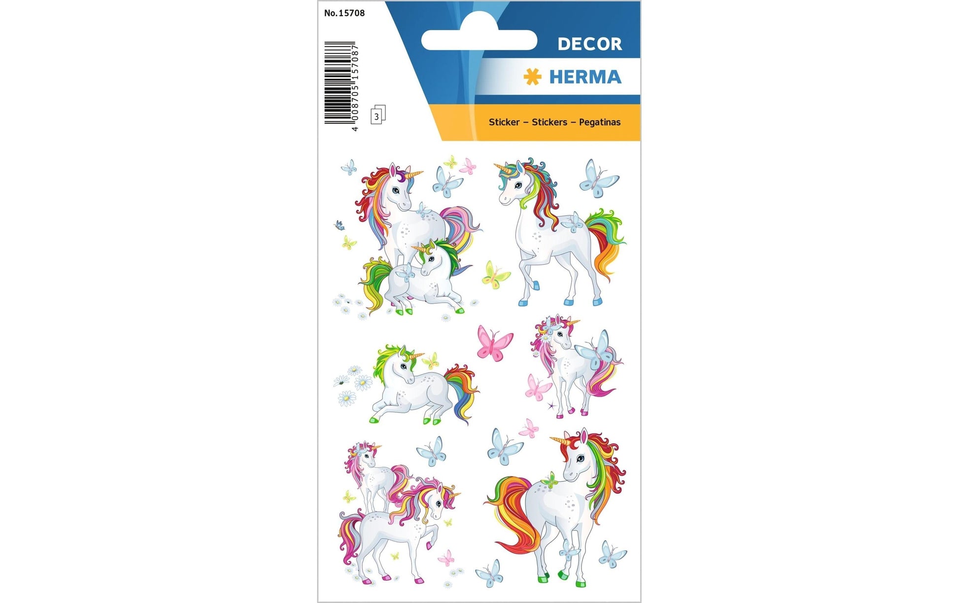 HERMA Sticker – Einhorn, mehrfarbig – 3 Bögen/18 Sticker, Papier