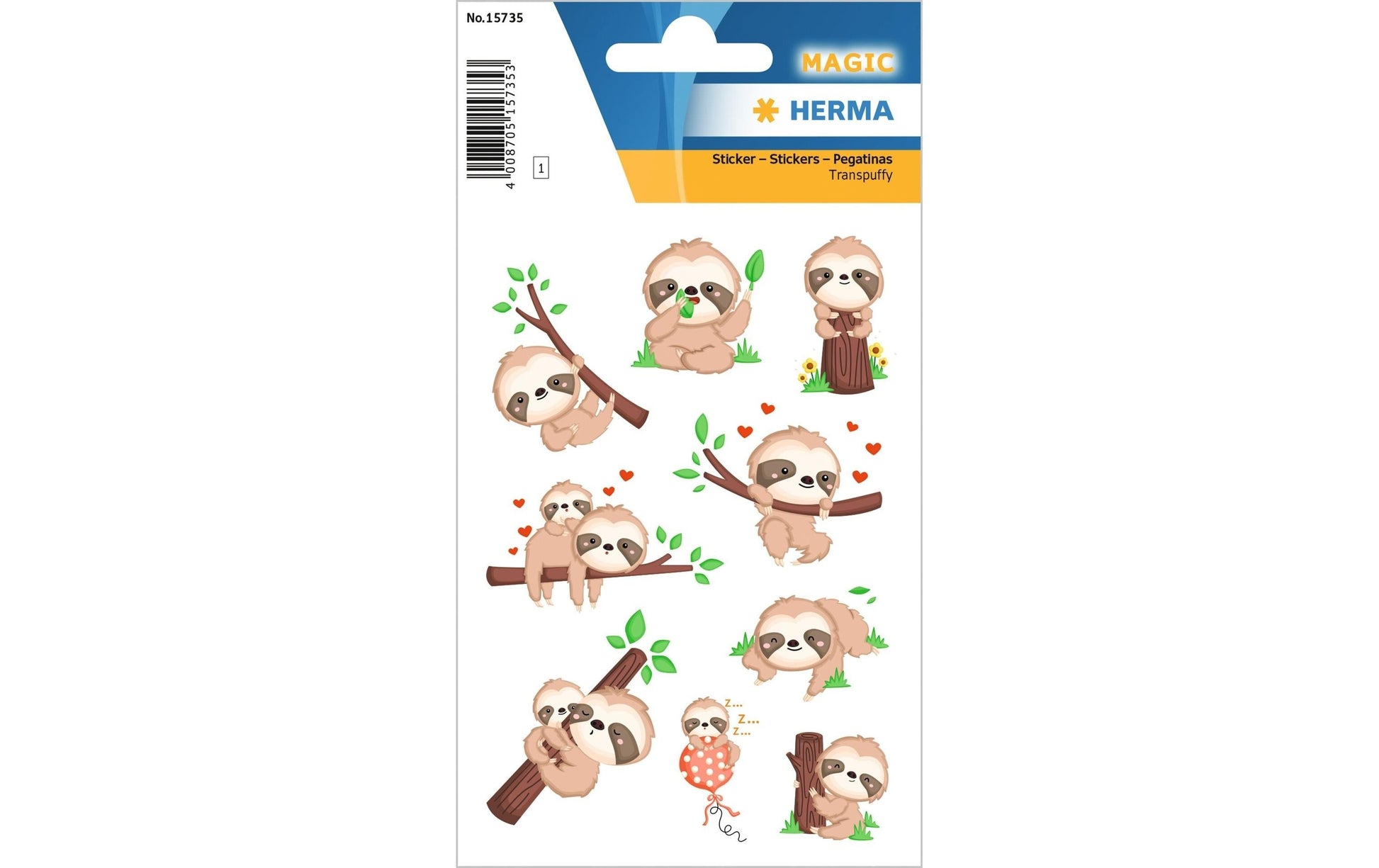 HERMA Magic Schmucketiketten – Motiv Das kleine Faultier – Folie, Transpuffy, 9 Stk, 1 Bogen