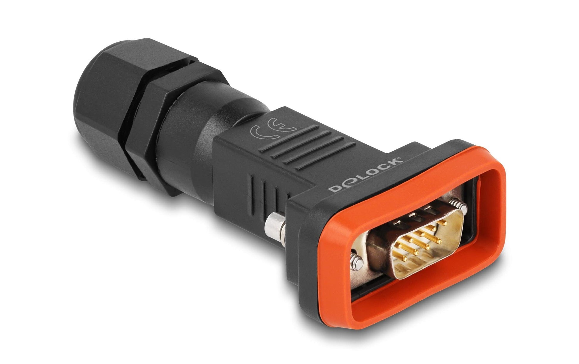 DeLOCK Seriell-Adapter DB9 (RS-232) zu 9 Lötpins – IP67, Polyamid, gerade, 80 × 41 × 22 mm, Schwarz/Orange
