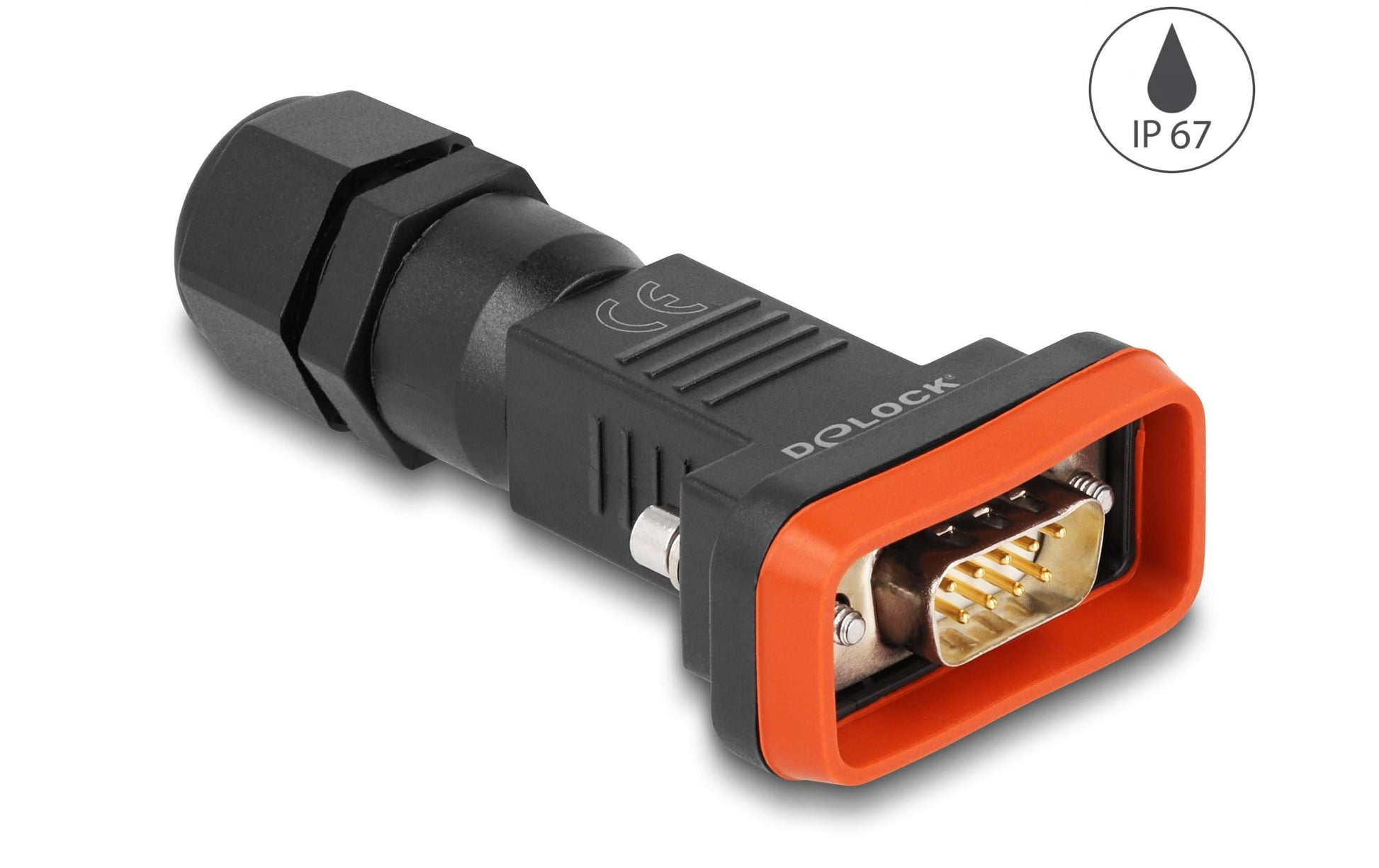 DeLOCK Seriell-Adapter DB9 (RS-232) zu 9 Lötpins – IP67, Polyamid, gerade, 80 × 41 × 22 mm, Schwarz/Orange