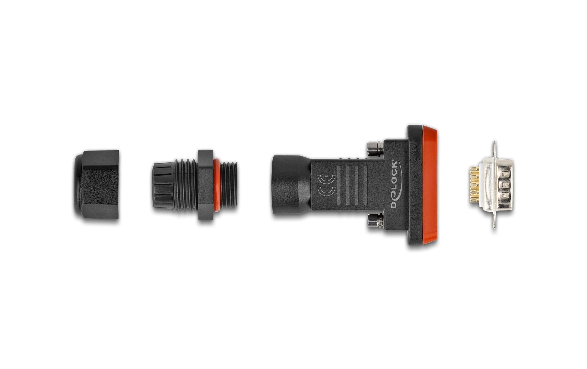 DeLOCK Seriell-Adapter DB9 (RS-232) zu 9 Lötpins – IP67, Polyamid, gerade, 80 × 41 × 22 mm, Schwarz/Orange