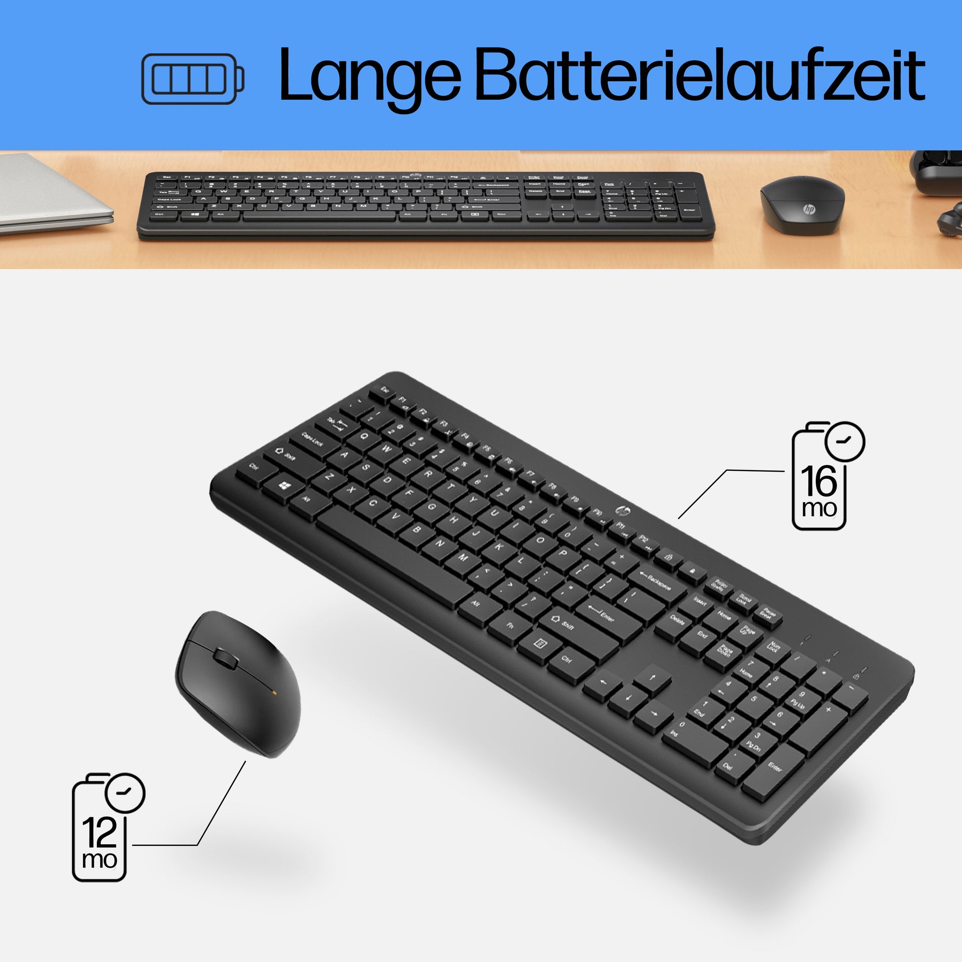 HP 230 – Tastatur- und Maus-Set – RF 2,4 GHz, Full-Size, Membran, Schwarz, für Windows & Mac