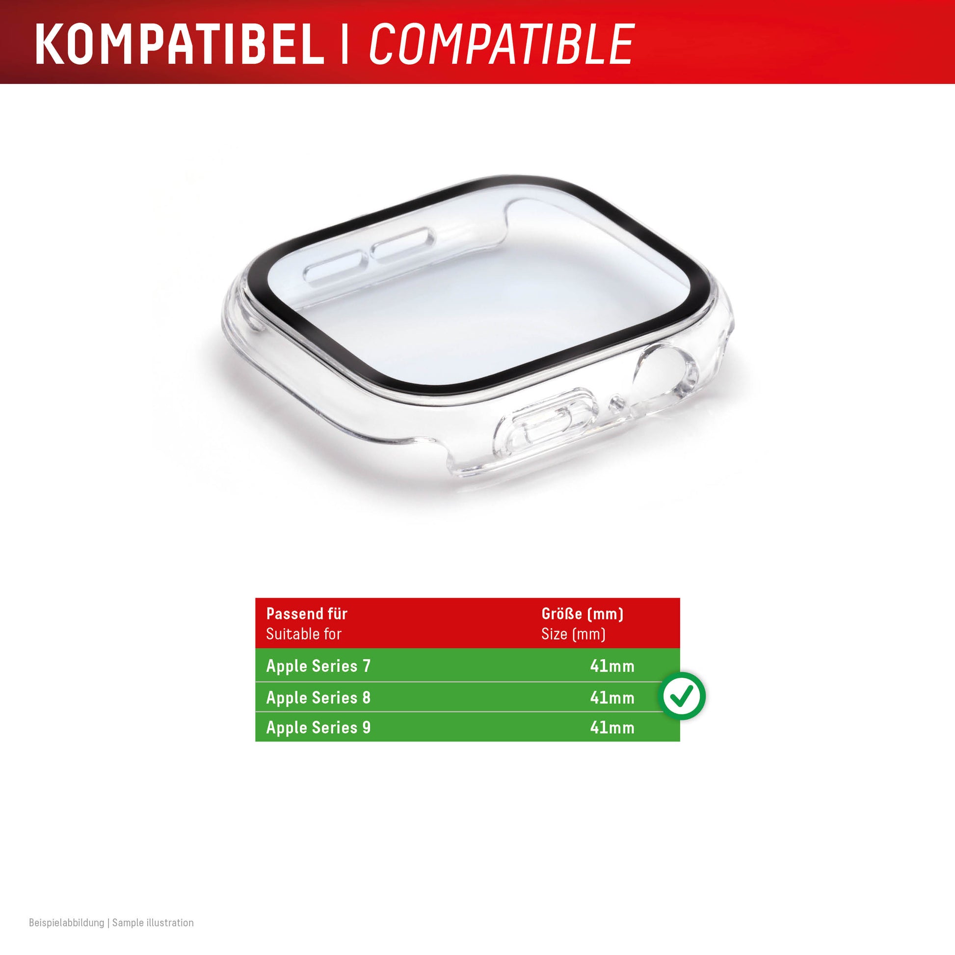 E.V.I. Displayschutz für Apple Watch 7/8/9 (41 mm) – Transparent, Polycarbonat, gehärtetes Glas, 1 Stück