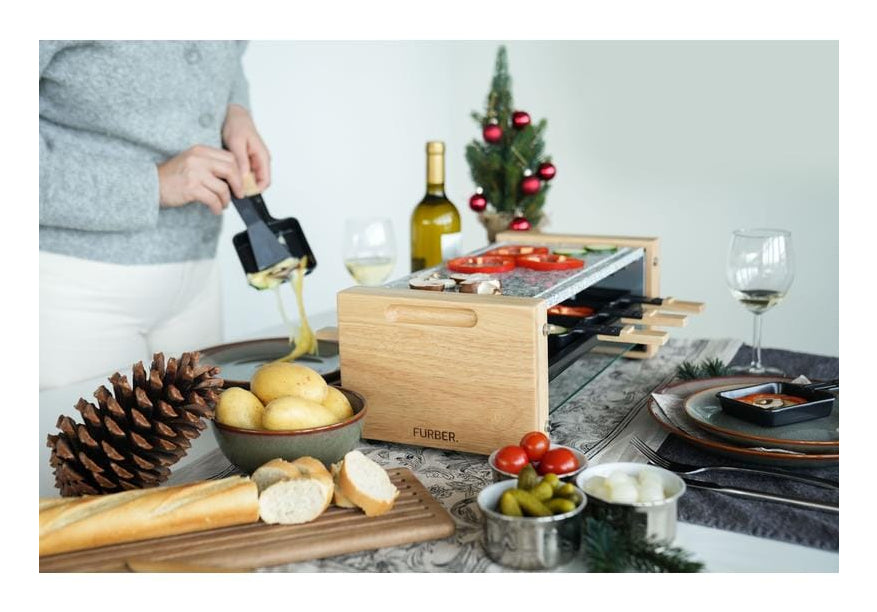 Furber. Furber Racletteofen Festa – 8 Personen, 1200 W, Steinplatte – Schwarz/Marmor/Holz
