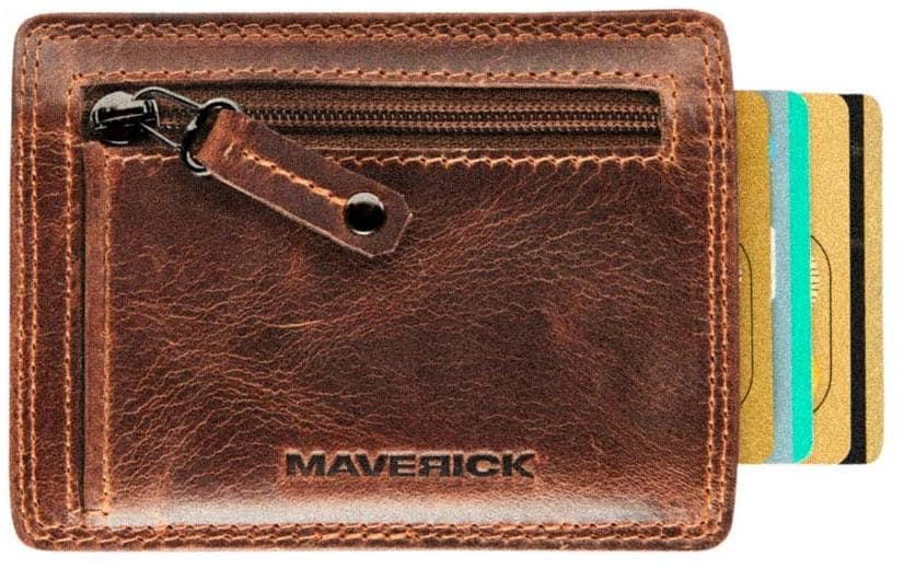 Maverick Kartenetui – RFID-Schutz, Reissverschluss – 7,5×10,4 cm – Braun – Leder – 1 Stk.