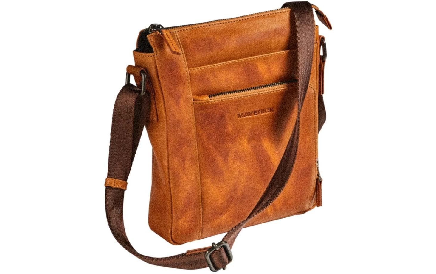 Maverick Umhängetasche – Leder, Cognac, 21 × 25 × 5,5 cm