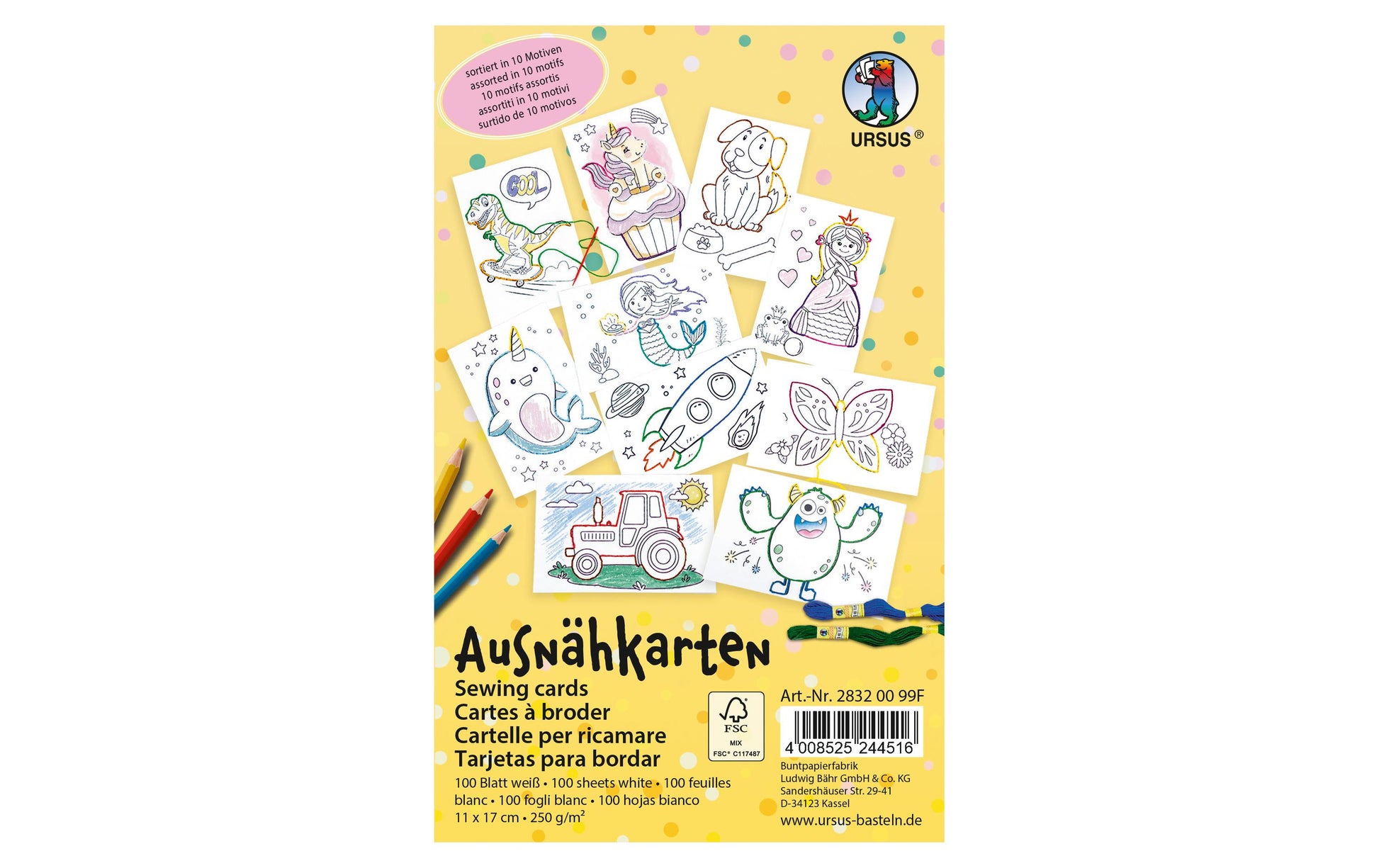 URSUS Bilder-Set zum Ausmalen – 11 × 17 cm, Tiermotiv, Weiss – 100 Stück
