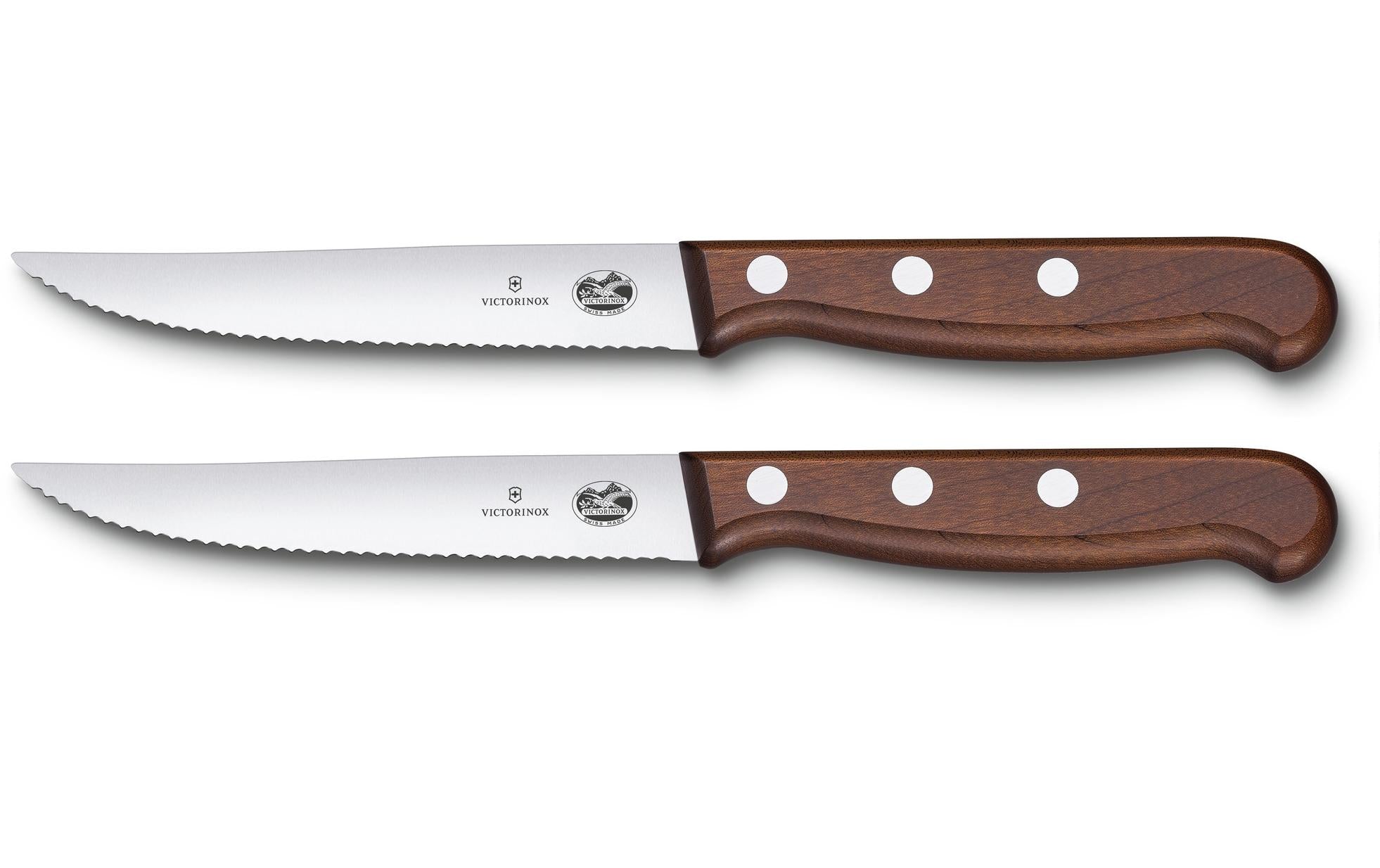 Victorinox Steakmesser – 2er-Set, 12 cm, Wellenschliff, Edelstahl, Holzgriff, Braun