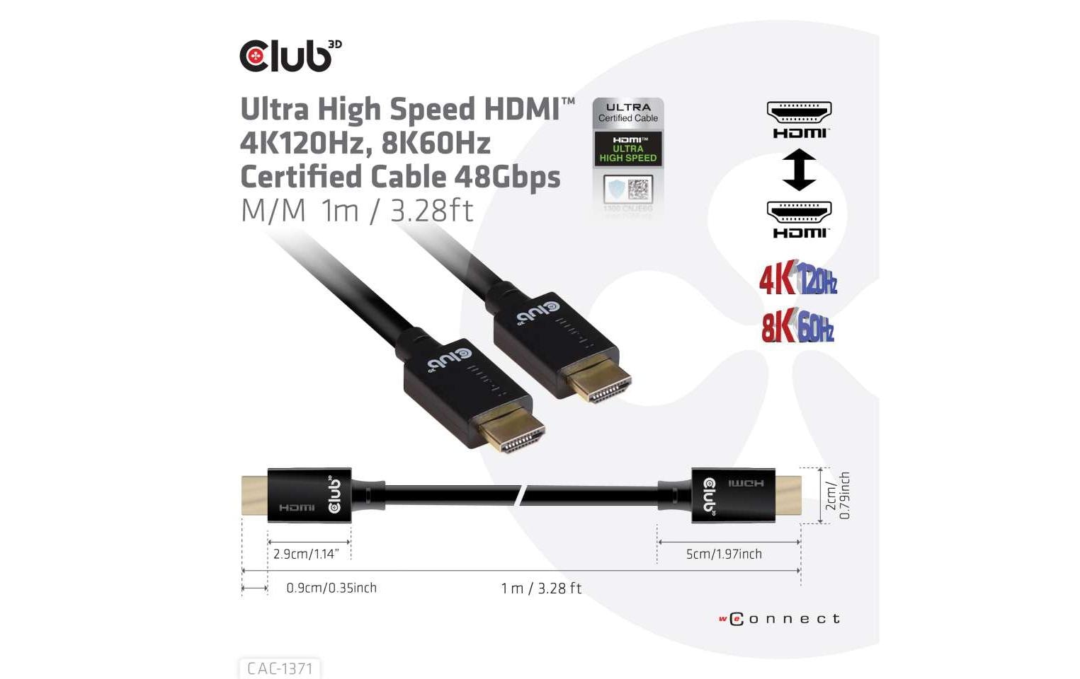 CLUB3D Club 3D HDMI Kabel HDMI 2.1 8K 60 Hz – 1 m – ARC, Ethernet