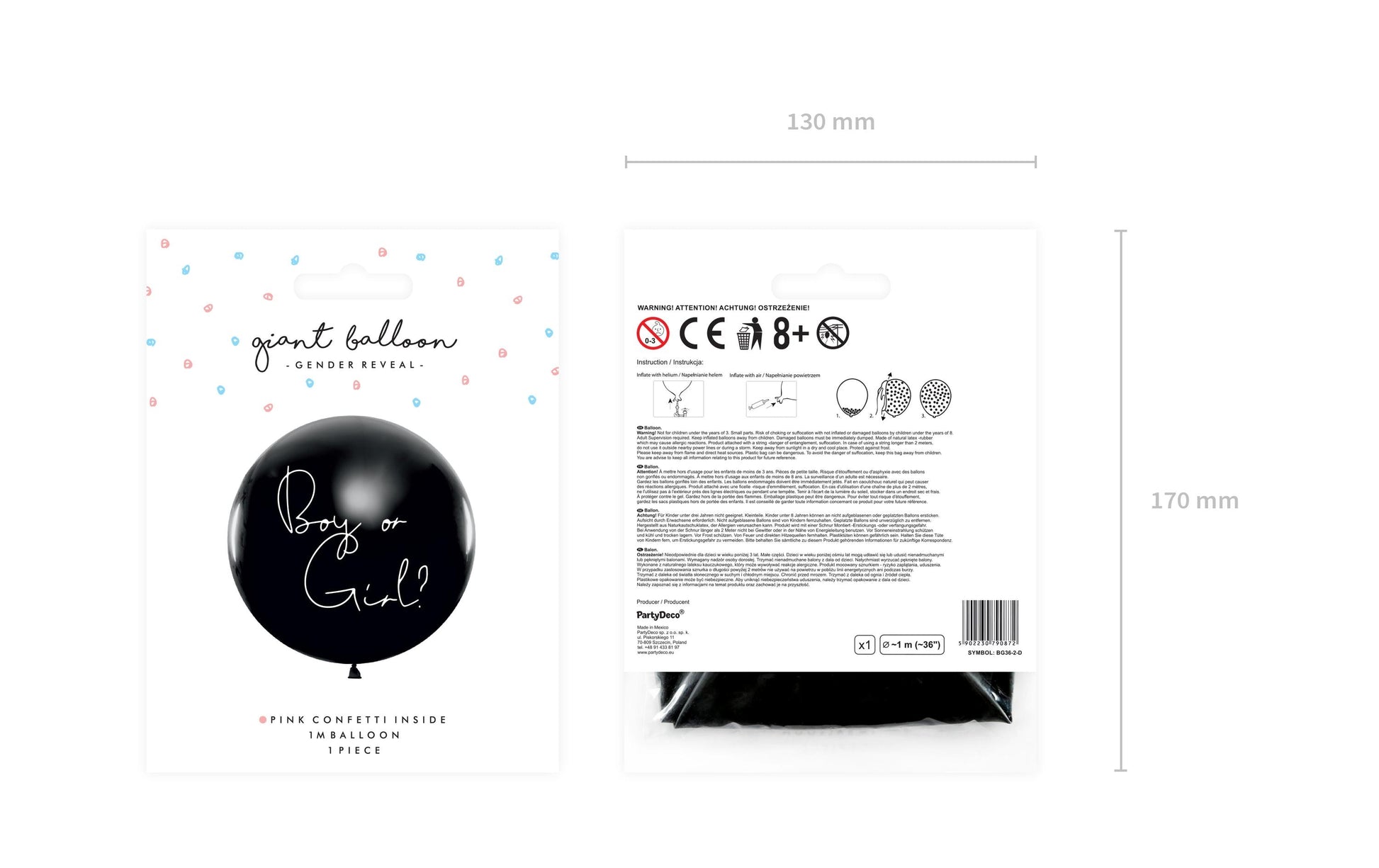 PartyDeco Gender Reveal Ballons Mädchen – schwarz/weiss – Ø 100 cm – Latex – 1 Stk