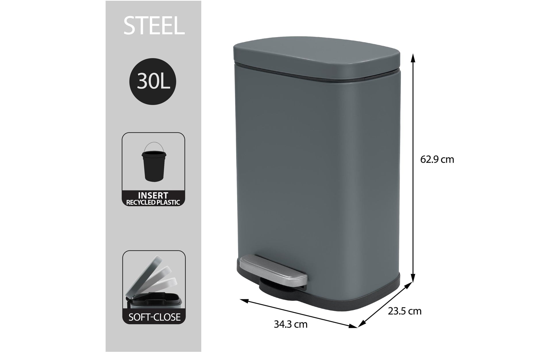 MSV Spirella Treteimer AKIRA – 30 l – Stahl, rechteckig – grau