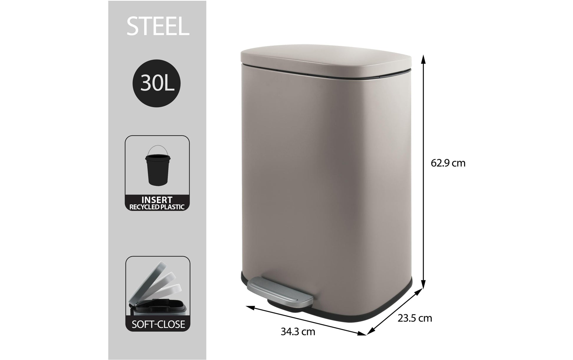 MSV Spirella Treteimer AKIRA – 30 l – Stahl, rechteckig – taupe