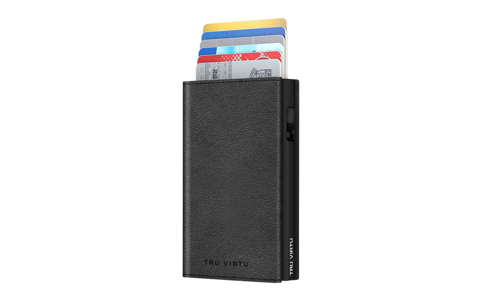 TRU VIRTU Kartenetui – RFID-Schutz, Slider-Verschluss – 67 × 99 × 21 mm – Schwarz – Aluminium, Leder