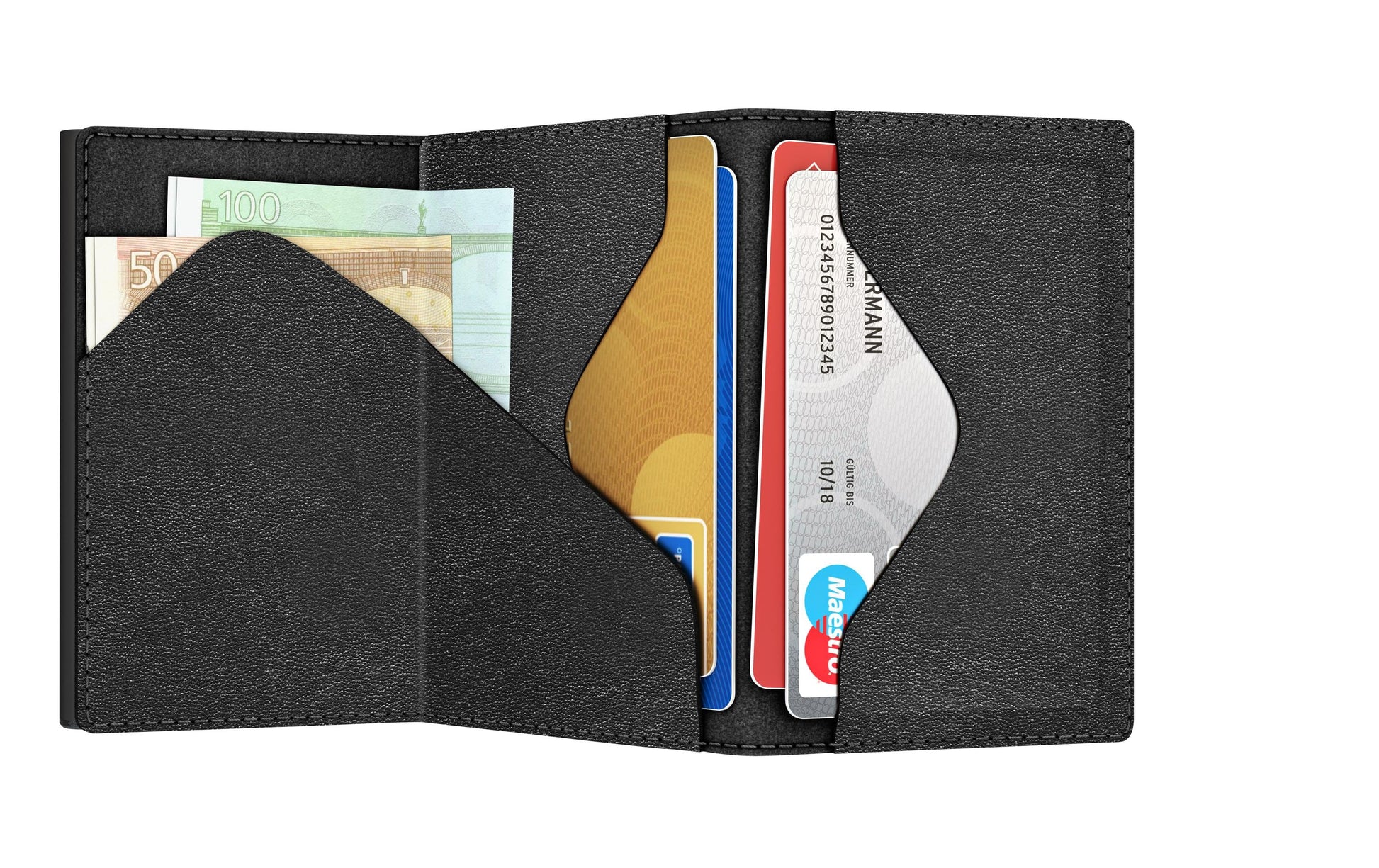 TRU VIRTU Kartenetui – RFID-Schutz, Slider-Verschluss – 67 × 99 × 21 mm – Schwarz – Aluminium, Leder