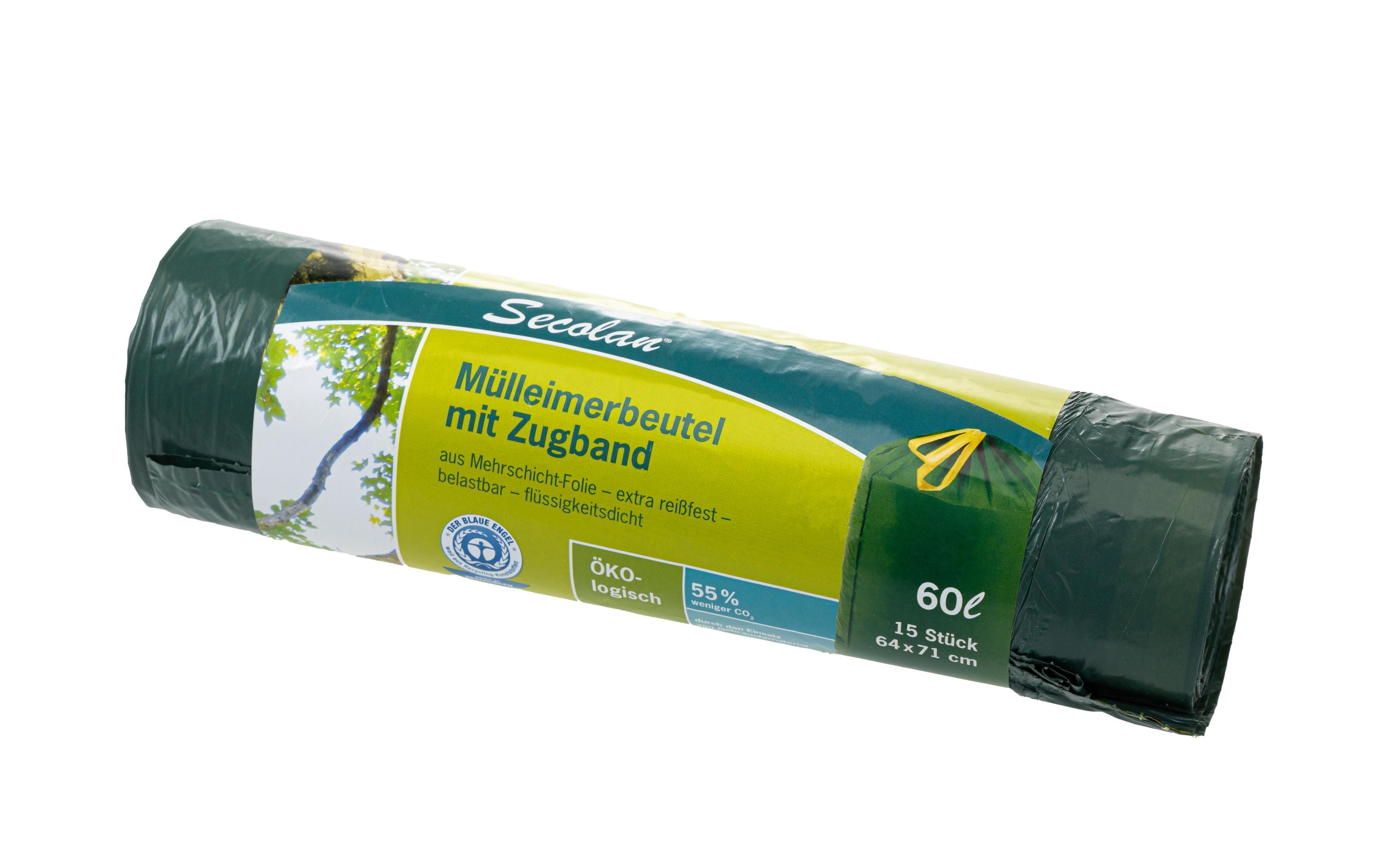 Haushaltsware Secolan Kehrichtsack – 60 l, mit Zugband, PE, grün, 640 × 710 mm, 15 Stk