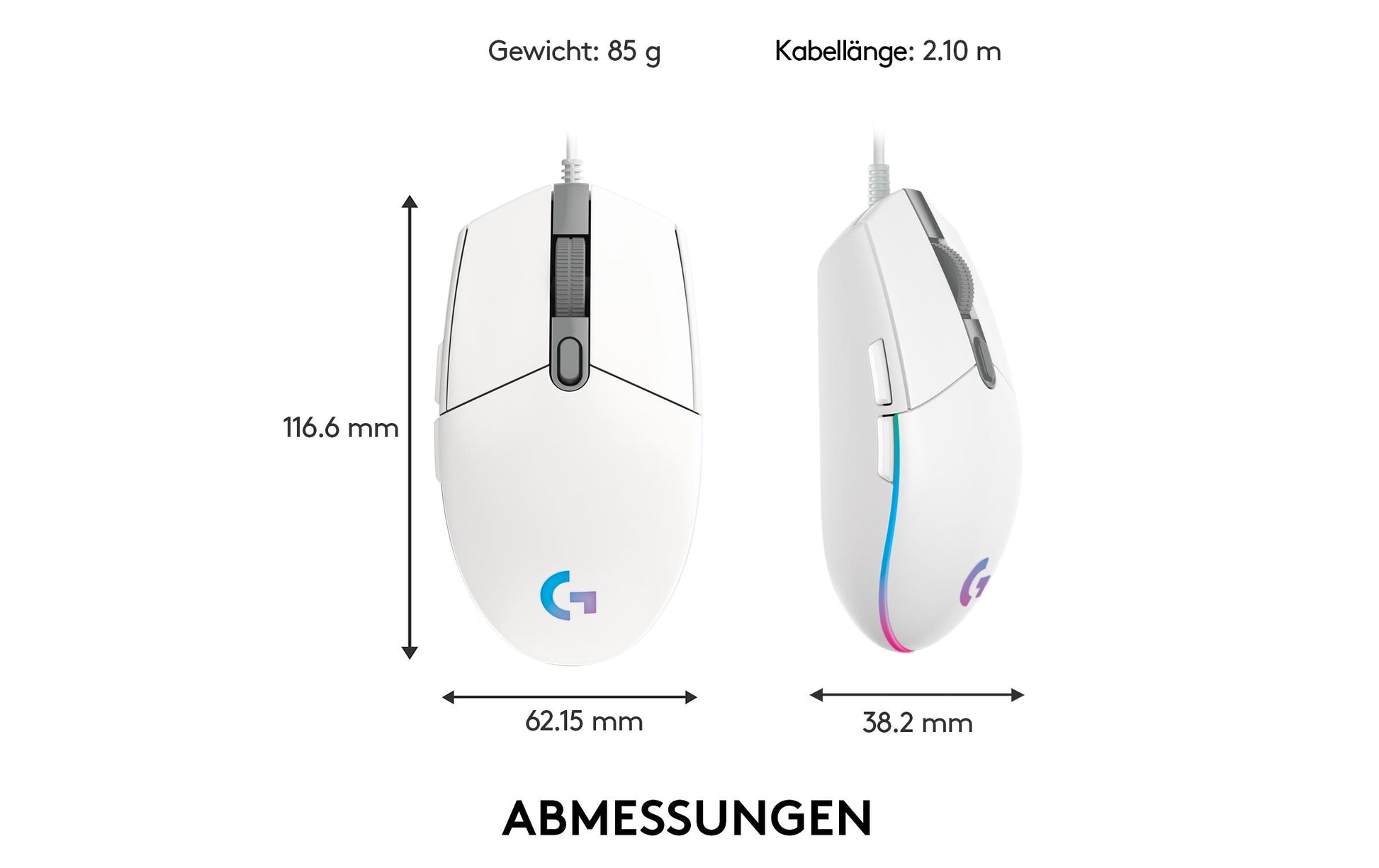 Logitech G G203 LIGHTSYNC – Gaming-Maus – Kabelgebunden (USB‑A), 8000 DPI, RGB-Beleuchtung, Weiss