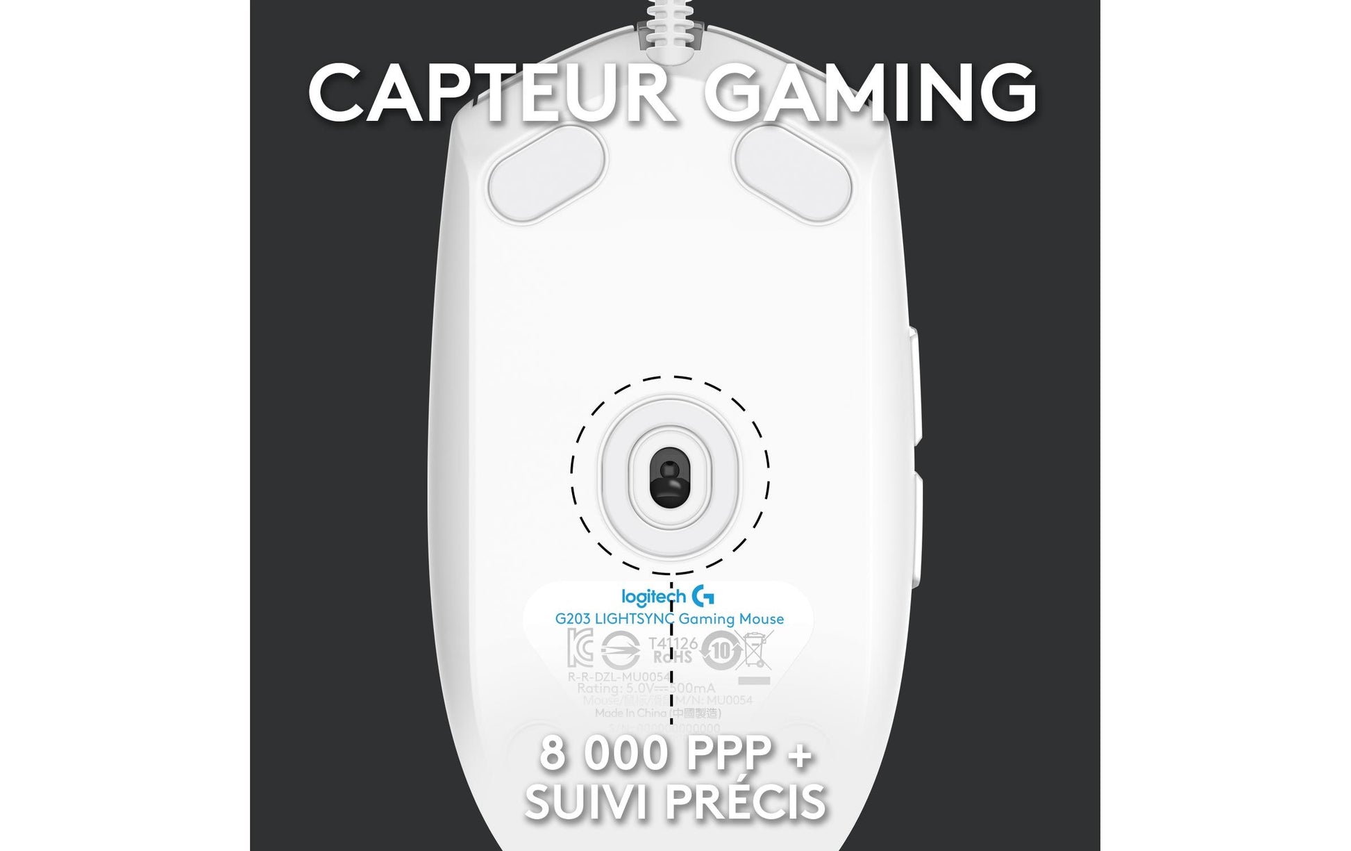 Logitech G G203 LIGHTSYNC – Gaming-Maus – Kabelgebunden (USB‑A), 8000 DPI, RGB-Beleuchtung, Weiss