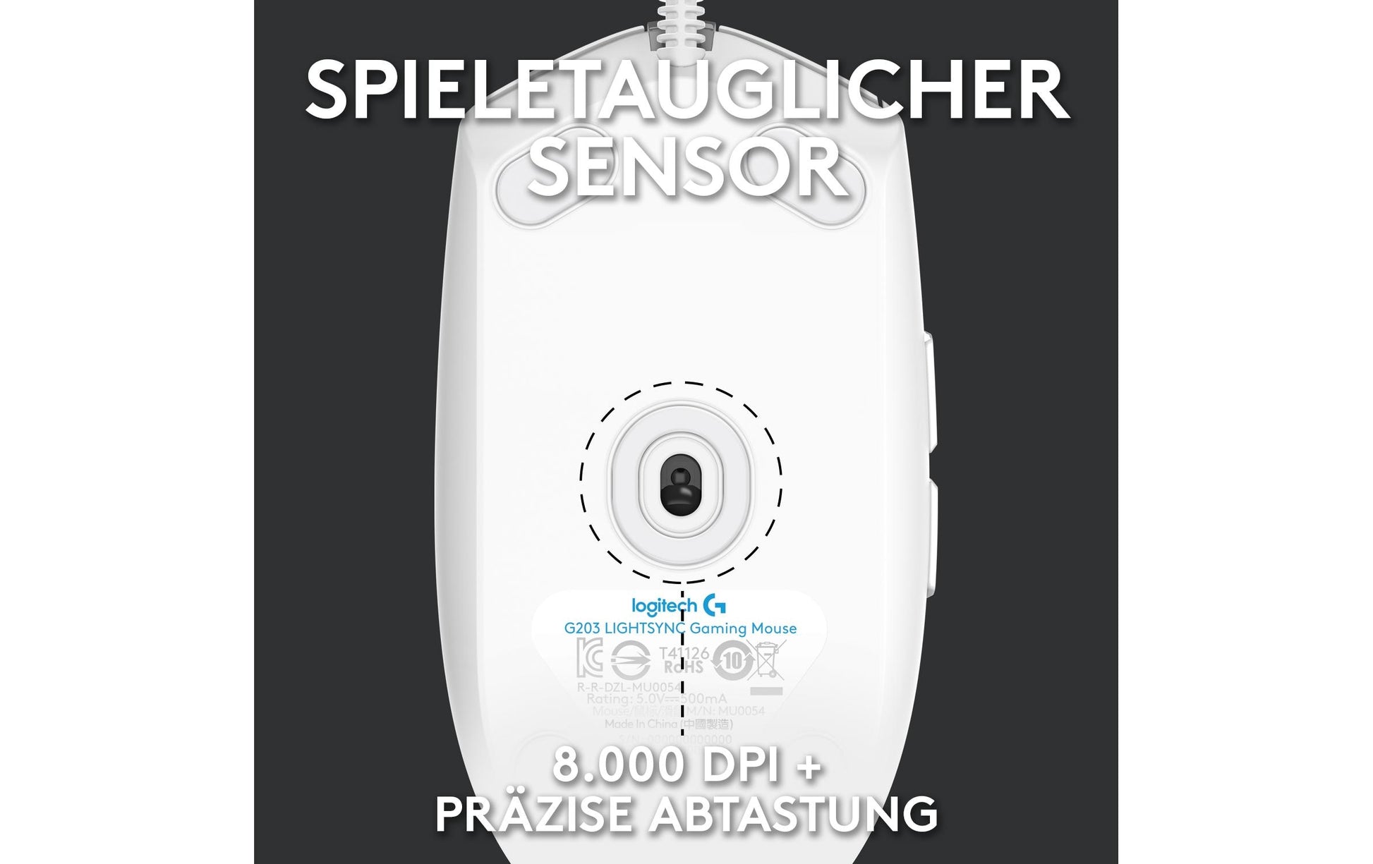 Logitech G G203 LIGHTSYNC – Gaming-Maus – Kabelgebunden (USB‑A), 8000 DPI, RGB-Beleuchtung, Weiss