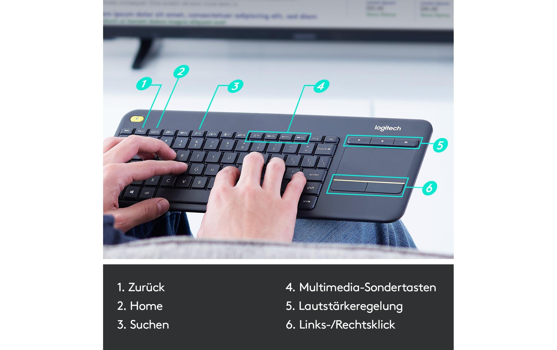 Logitech K400 Plus – Tastatur, kabellos, mit Touchpad, schwarz