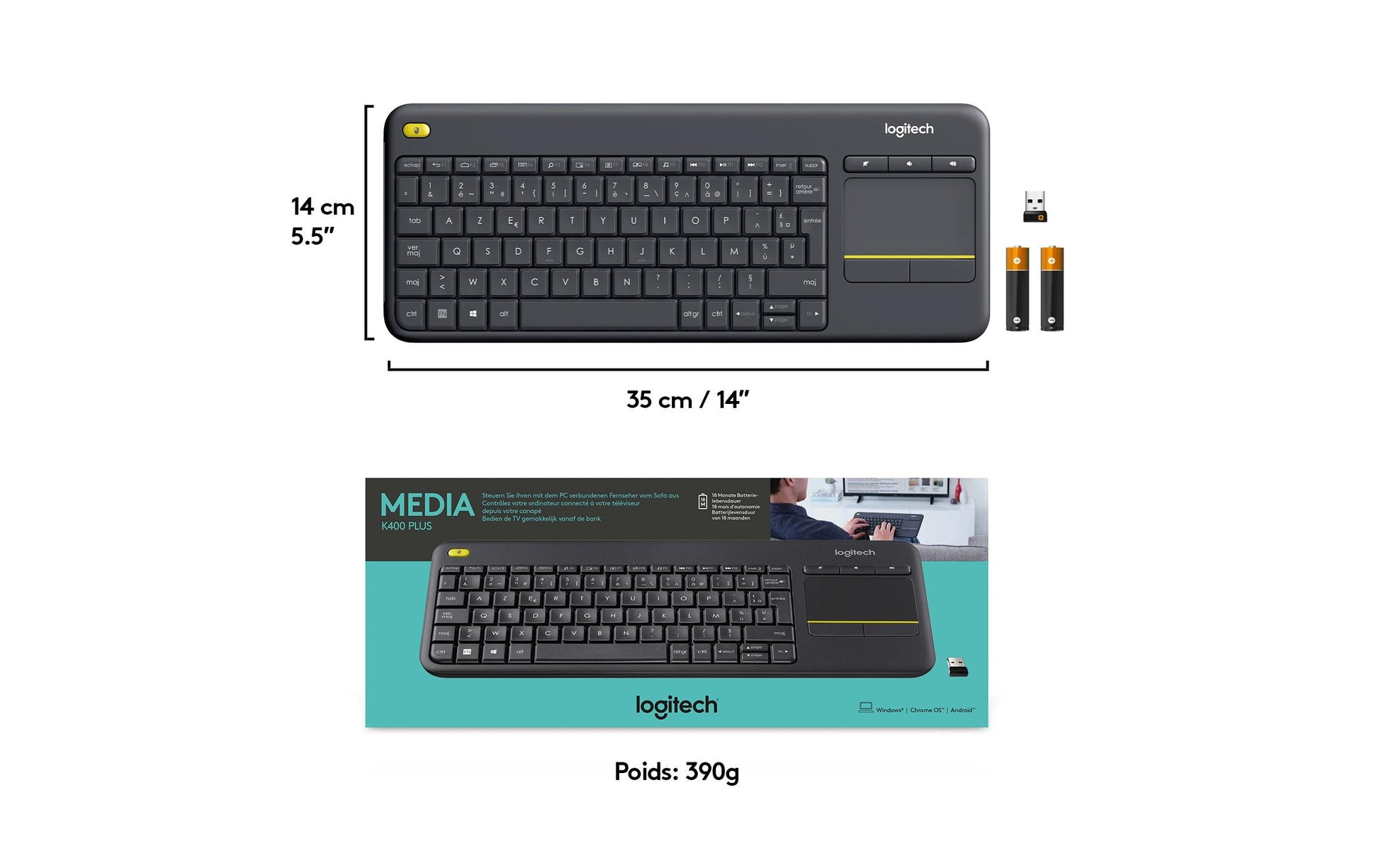 Logitech K400 Plus – Tastatur, kabellos, mit Touchpad, schwarz