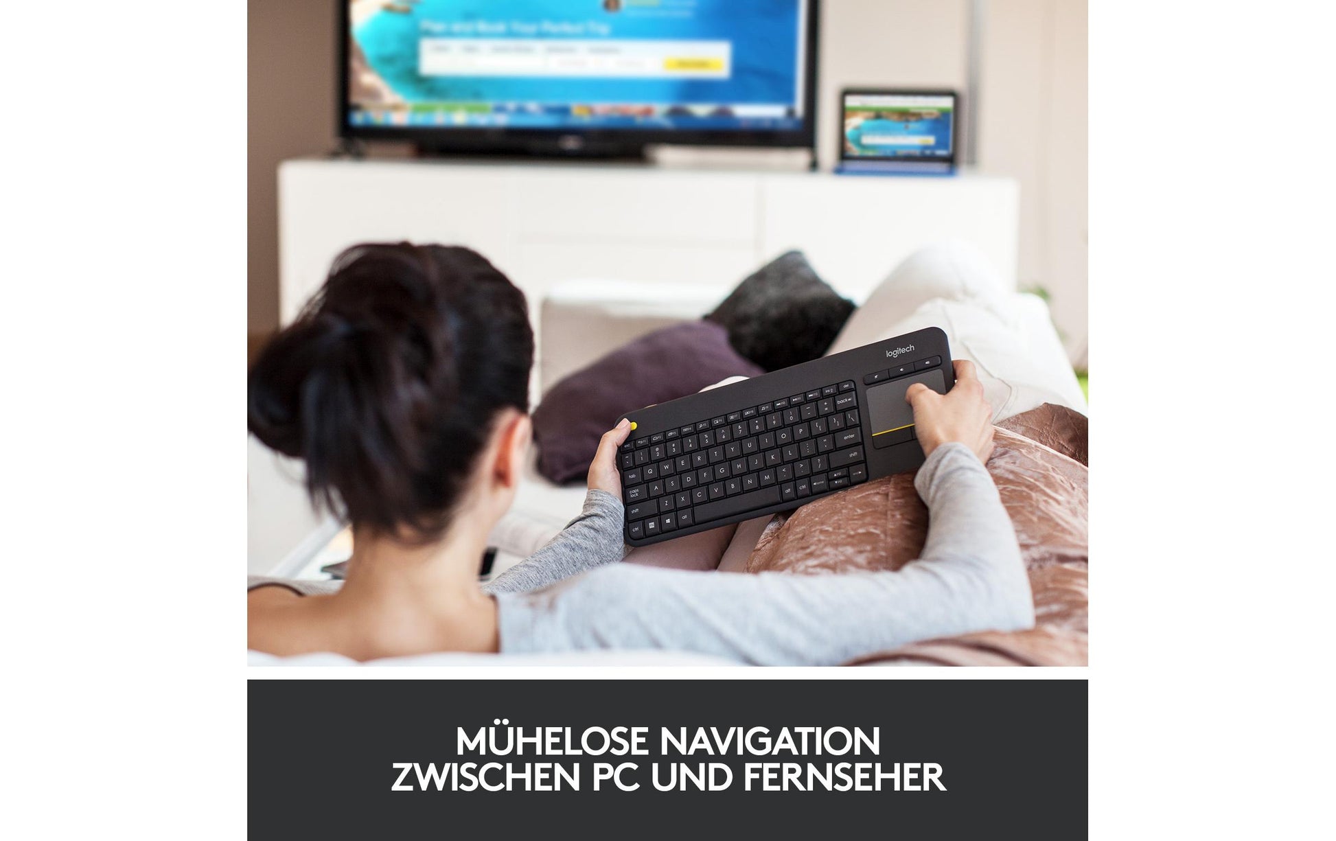 Logitech K400+ – Tastatur, kabellos (2,4 GHz), US-Layout (EN), mit Touchpad, Dunkelgrau