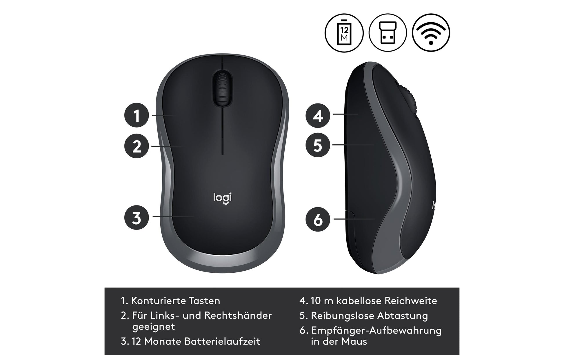 Logitech M185 Maus – kabellos, Bluetooth + 2,4 GHz, Unifying-Empfänger, Grau