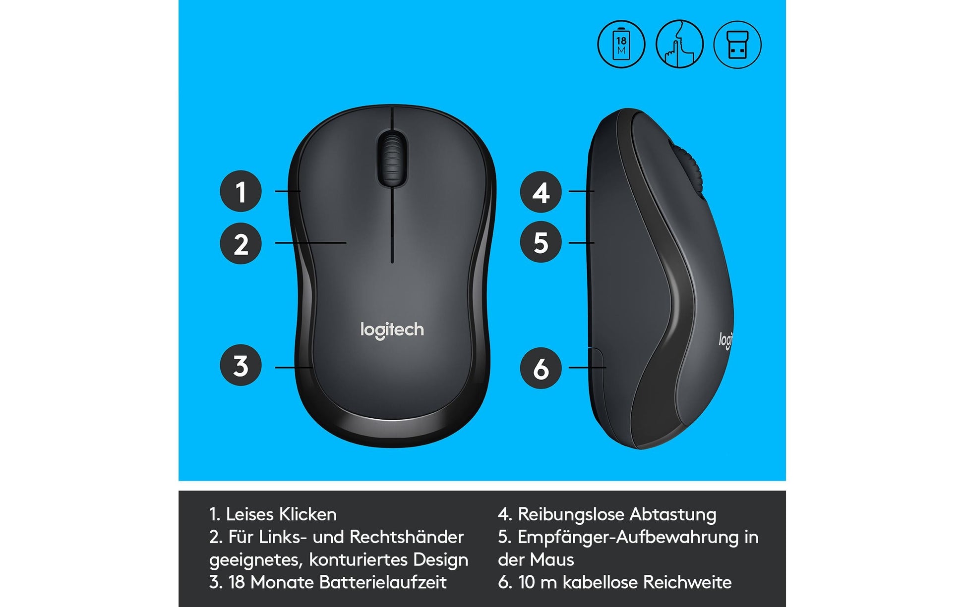 Logitech M220 Silent Maus – kabellos, 2,4 GHz, schwarz