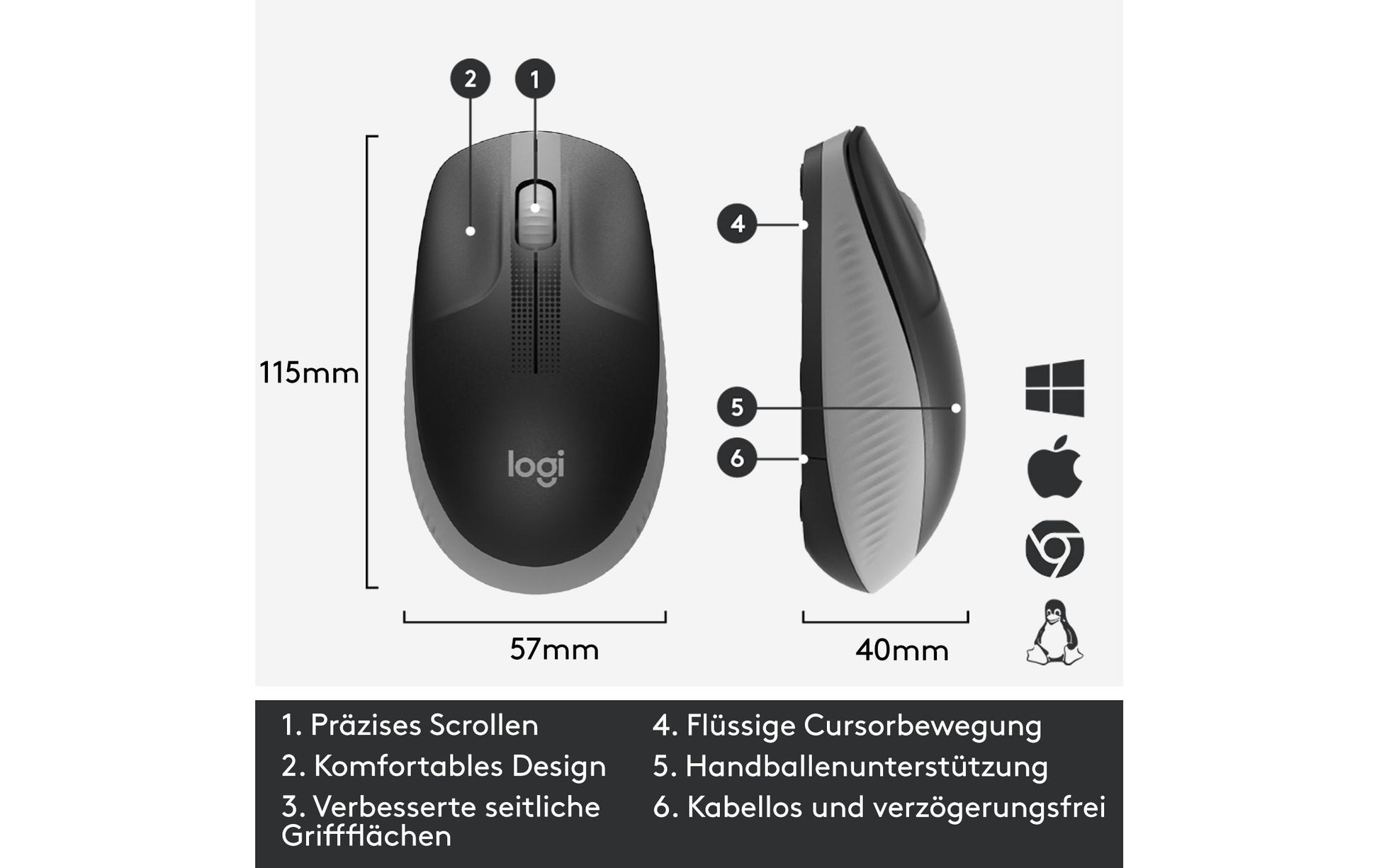 Logitech M190 Full-Size Maus – Kabellos, Grau