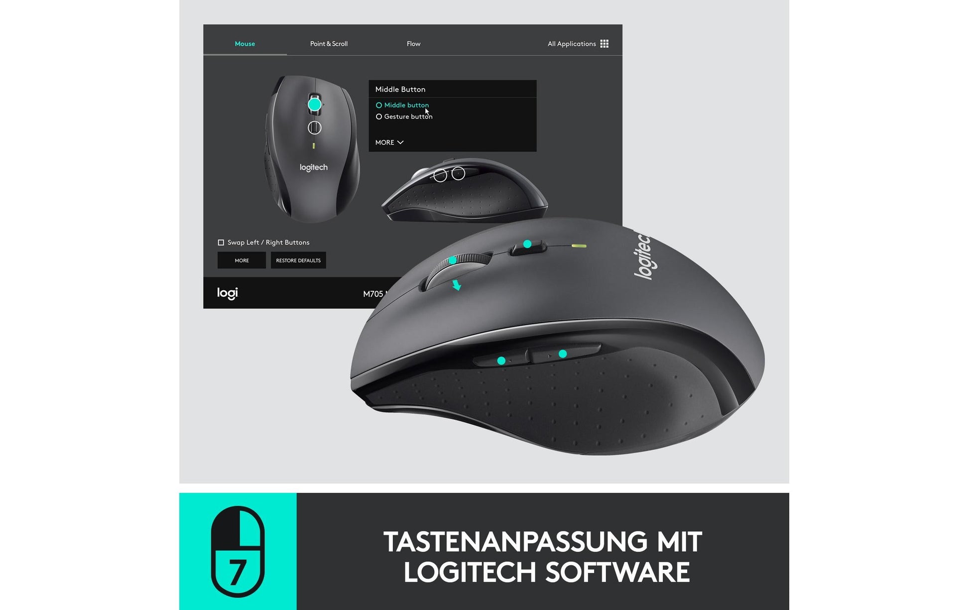 Logitech M705 Maus – kabellos, Bluetooth + 2,4 GHz, Batterieladeanzeige, Anthrazit