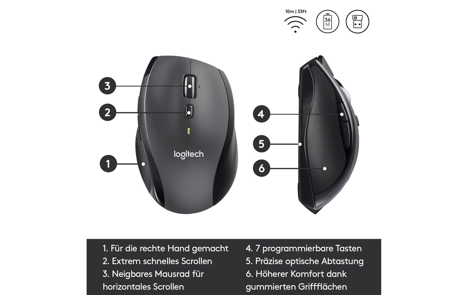 Logitech M705 Maus – kabellos, Bluetooth + 2,4 GHz, Batterieladeanzeige, Anthrazit