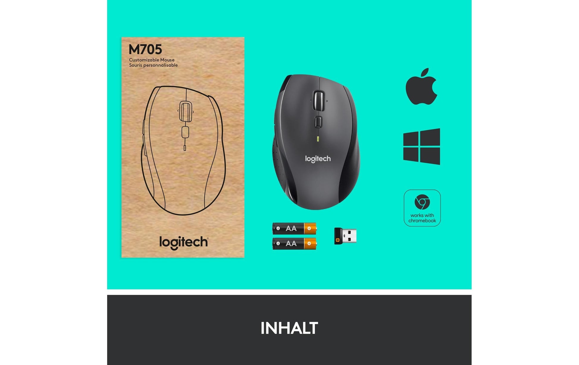 Logitech M705 Maus – kabellos, Bluetooth + 2,4 GHz, Batterieladeanzeige, Anthrazit