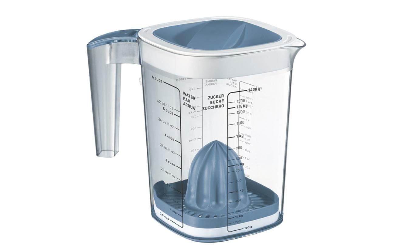 Rotho Messbecher Loft – 1,5 l – mit Deckel & Reibe – Kunststoff – Blau – 19,8 × 17,8 × 12,7 cm